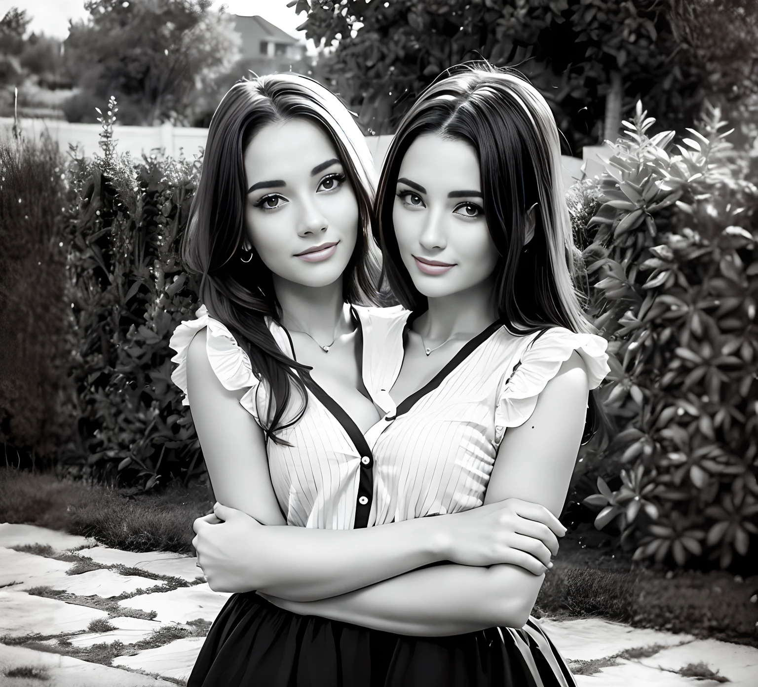 best resolution, woman with two heads, different skintones, different haircolor, black and white two-tone button top, garden fence background,(2heads)