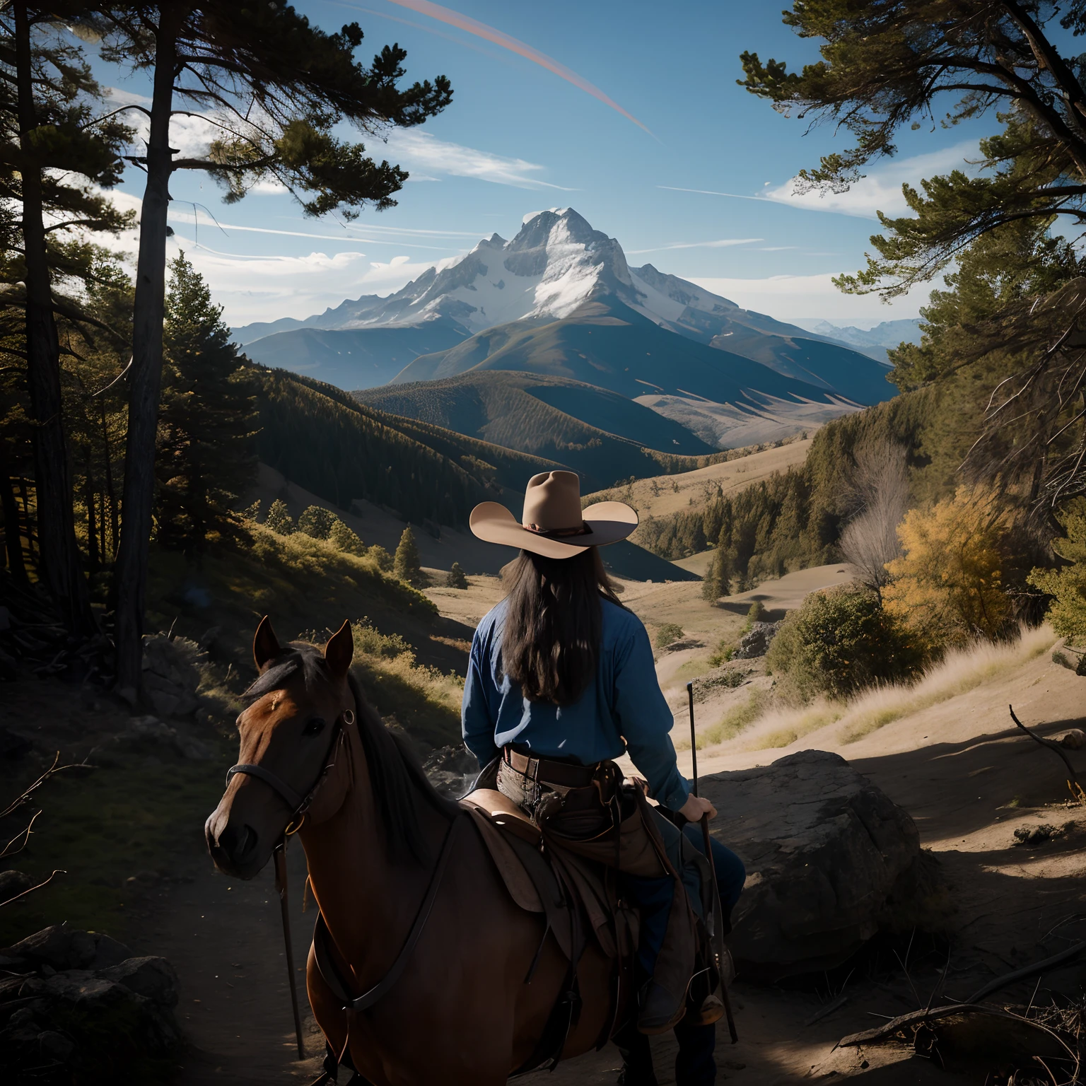 there is a pipe smoking wizard riding a horse on a trail in the mountains, american west scenery, traveling through the mountains, photo from behind of a cowboy, unsplash contest winning photo, cowboy, wizard, looking at the mountains, old west, an epic western, behind that turquoise mountains, ashe, western cowboy, smoking pipe, in the old west, cowboy on the range, smoking a pipe