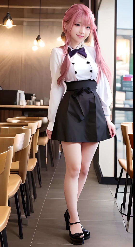 high-level image quality、Anime girl with long hair and restaurant uniform posing for photo、Shibuya、full body Esbian、(A smile:1.5)、sayori, Anime visuals of cute girls, anime moe art style, in dress, Anime girl in restaurant uniform, pretty anime girl, (Anime Girl), Cute anime girl, Cute anime waifu in restaurant uniform, charming anime girls, Have a walkie-talkie、Beautiful anime girl, Rin, Smooth Anime CG Art、(Pink hair), Ear Hair, small tits, Single braid, (Single braid), (Side braid)