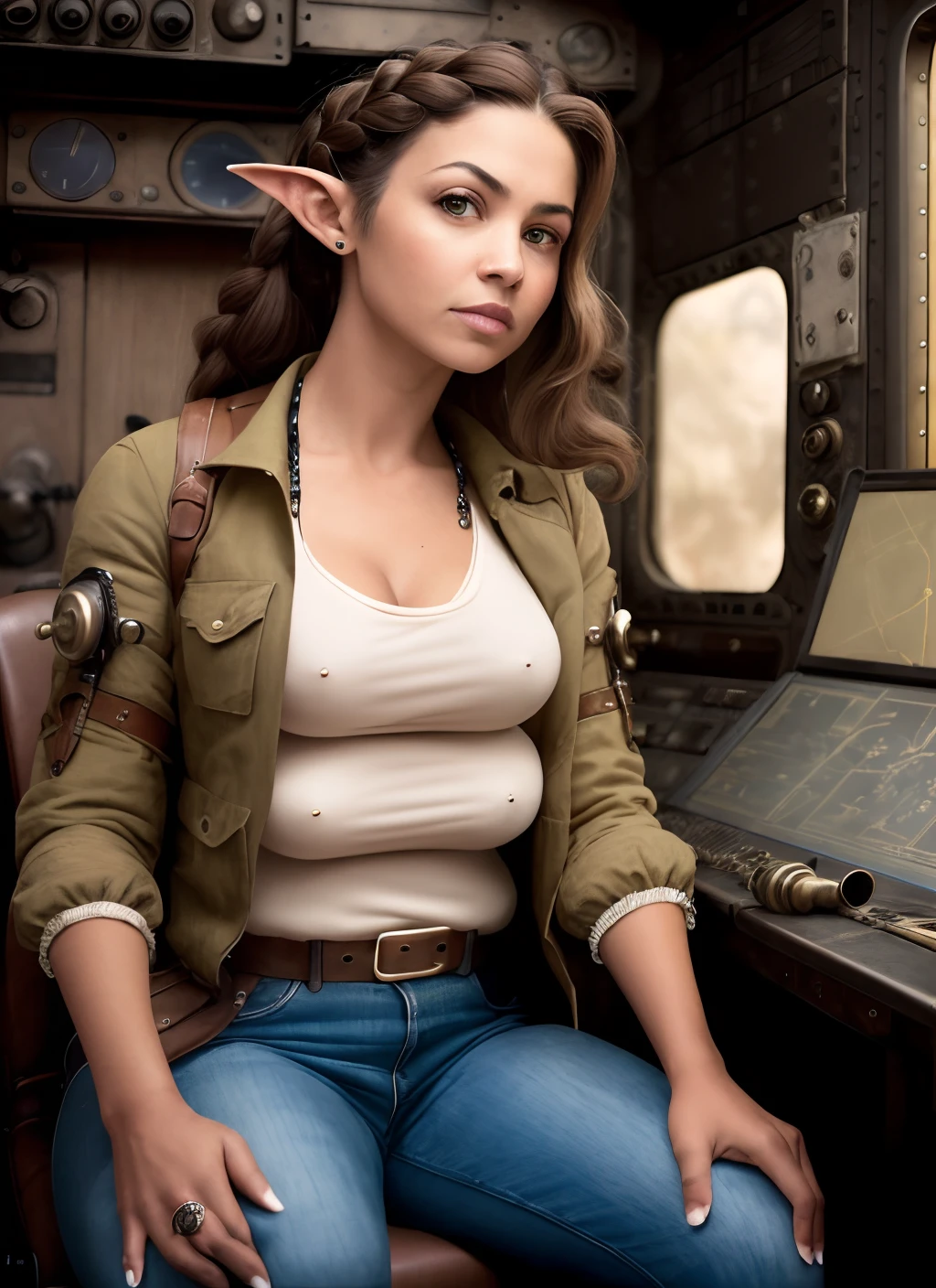 masterpiece, detailed, best quality, award-winning photo, steampunk, darker brown skinned elven woman, dark skinned, older, age mid 30s, middle aged, dark brown hair in braid, extra breasts, sitting in airship control room, wearing tight white t-shirt, tight blue jeans, unzipped bomber jacker, four small breasts, correct hands and fingers, fix right hand, older gina tores