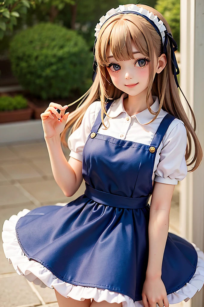 best quality, masterpiece, a girl smiling wearing a pinafore dress, ****ta pumps, hair band, hair ornament, hairclip, choke