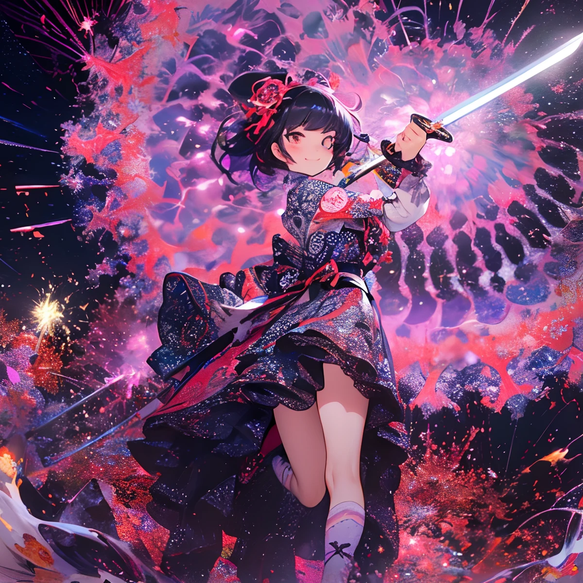 ((Fireworks display seen from space)),Fireworks are the main composition,Fireworks display beyond imagination,innocent smiles、eye glass、Never seen、Seven colors,(1girl in, Solo:1.6),(Cute smile),(Clothes are simple), (Best Impact:1.5), (maximalism:1.7), Vivid contrast, (Realistic), hyperrealistic illustrations, hight resolution, ultra-detailliert, absurderes,(Fractal Art:1.3)、Random hairstyle、Random hair color colorful、FULL BODYSHOT、Retro、Precise focus、randome pose、cinema4d、Drama,((holding sword)),((holding katana))