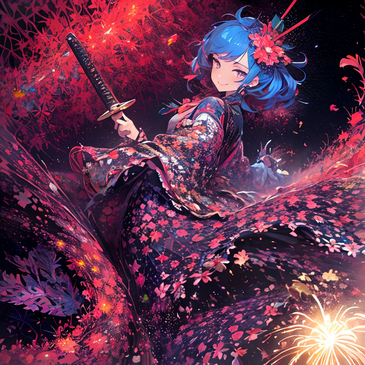 ((Fireworks display seen from space)),Fireworks are the main composition,Fireworks display beyond imagination,innocent smiles、eye glass、Never seen、Seven colors,(1girl in, Solo:1.6),(Cute smile),(Clothes are simple), (Best Impact:1.5), (maximalism:1.7), Vivid contrast, (Realistic), hyperrealistic illustrations, hight resolution, ultra-detailliert, absurderes,(Fractal Art:1.3)、Random hairstyle、Random hair color colorful、FULL BODYSHOT、Retro、Precise focus、randome pose、cinema4d、Drama,((holding sword)),((holding katana))