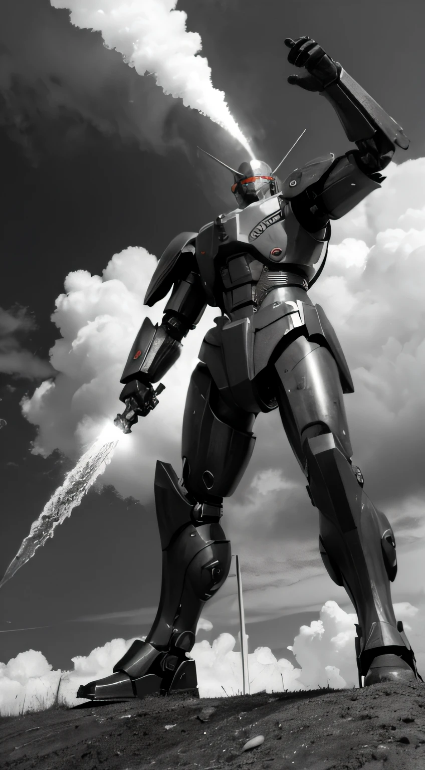 giant robots fight against people in world war two, black and white photo, realism.
