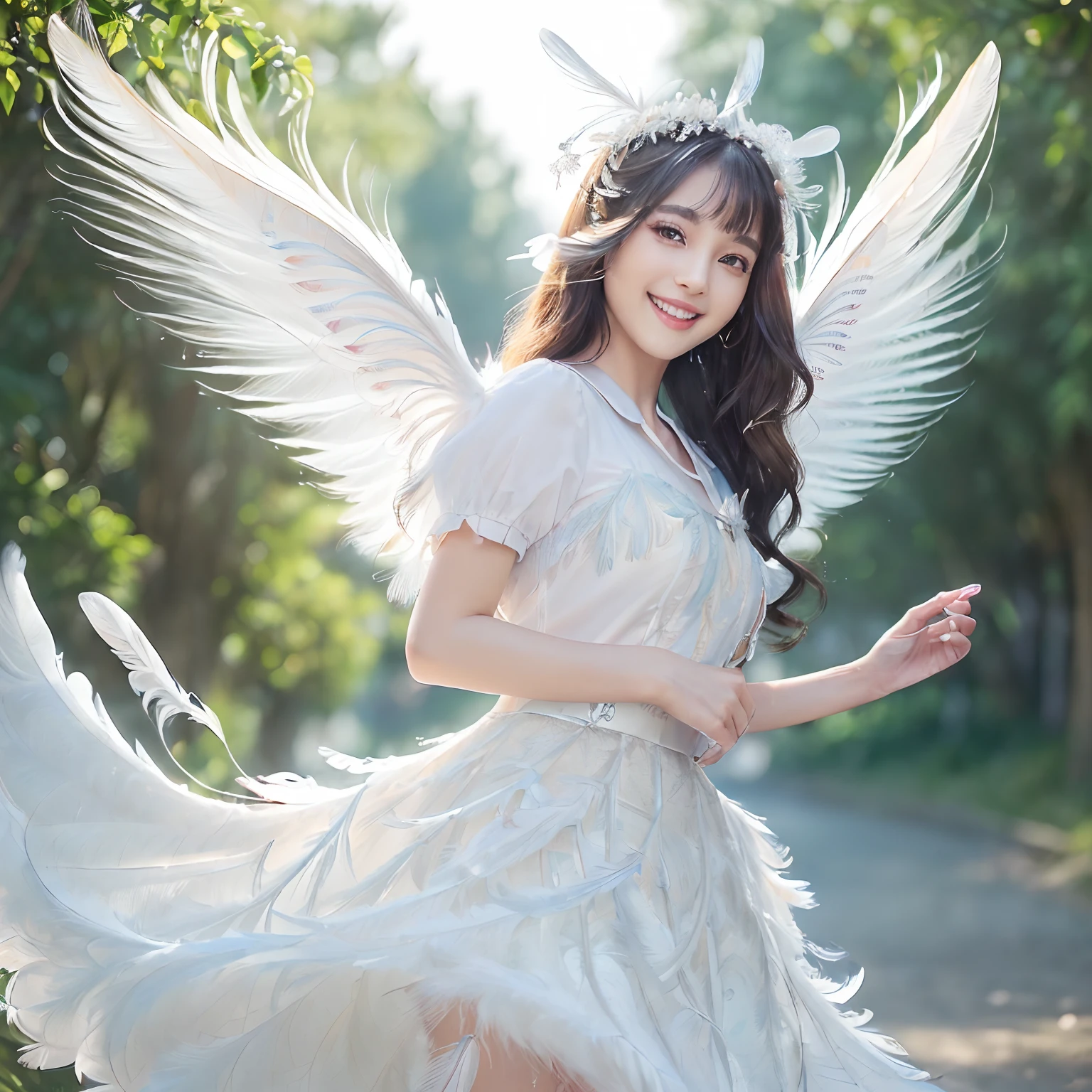 (((masutepiece、top-quality)))((1 schoolgirl、White short-sleeved shirt、Red ribbon on chest、Navy skirt、high-school uniform))、((Huge and realistic angel wings,The most dignified feathers,The most detailed and intricate angel wings、Shimmering white feathers、Plumage gives off a transparent shine、Her feathers shine like a fairy tale、Glowing feathers、spectacular movie lighting、((The background is the route to school、Walking along the school route surrounded by nature、Walking on the way to school))、8K,An ultra-high picture quality,The face of the most beautiful actress,Mature female face、The biggest smile staring at the camera、Happy smiling face、美丽的面容、Beautiful teeth、natural make up、long、waved hair、Super Detail Wing、Feathers that shine like a fairy tale、The plumage gives off a snow-white shine、The plumage gives off a translucent fairytale glow))、A slender、bulky, Complex wings