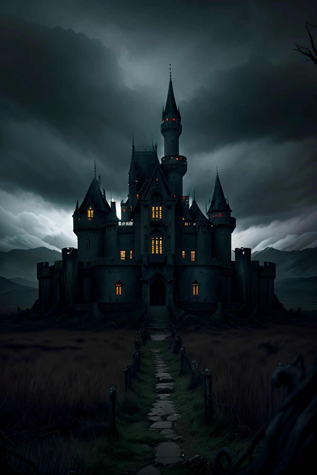 A dark and foreboding fantasy landscape, featuring a haunted and abandoned castle, with twisting vines, ghostly apparitions, and a foreboding atmosphere that creates a sense of mystery and intrigue, artstation, digital illustration, highly detailed, trending, dark colors