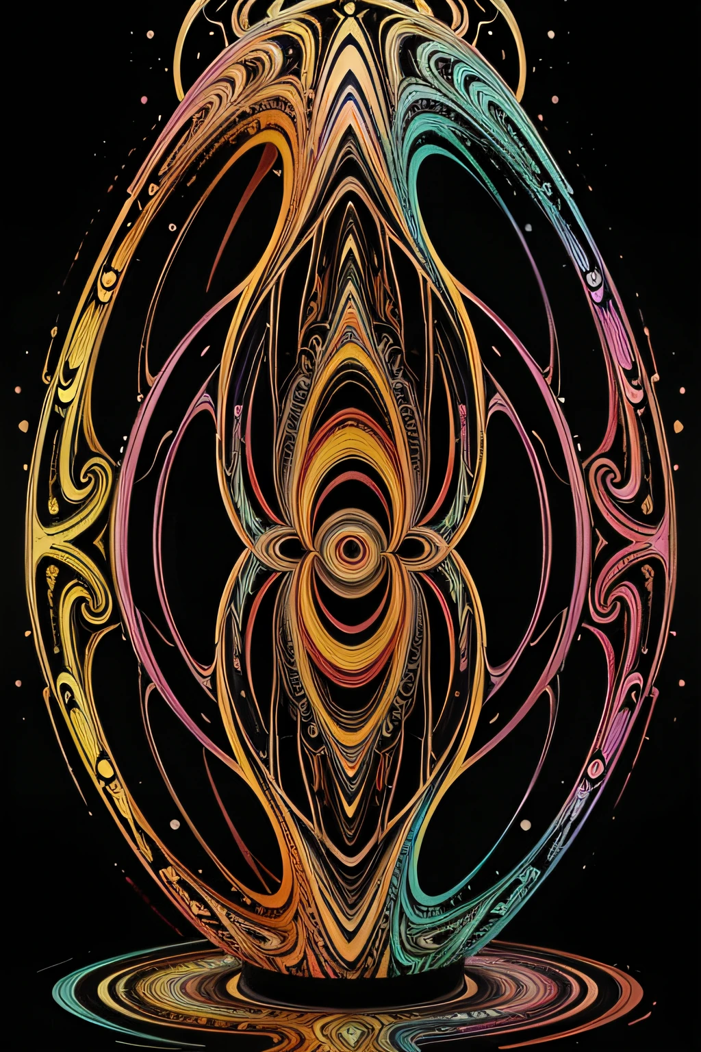abstract painting of a colorful spiral design with a black and white figure, Bunte Glaskunst, Surreales psychedelisches Design, Illusion psychedelische Kunst, Abstract Liquid Acrylic Art, Chrom-Kunst, Bunte biomorphe Opart, Psychedelische Malerei, Skurril und psychedelisch, psychedelische tropfende Farben, psychedelische surreale Kunst, Digitale Kunst", Digitale Kunst ", Psychedelische digitale Kunst, Abstraktes 3D-Kunstwerk, seltsame Zusammenfassung red gold black