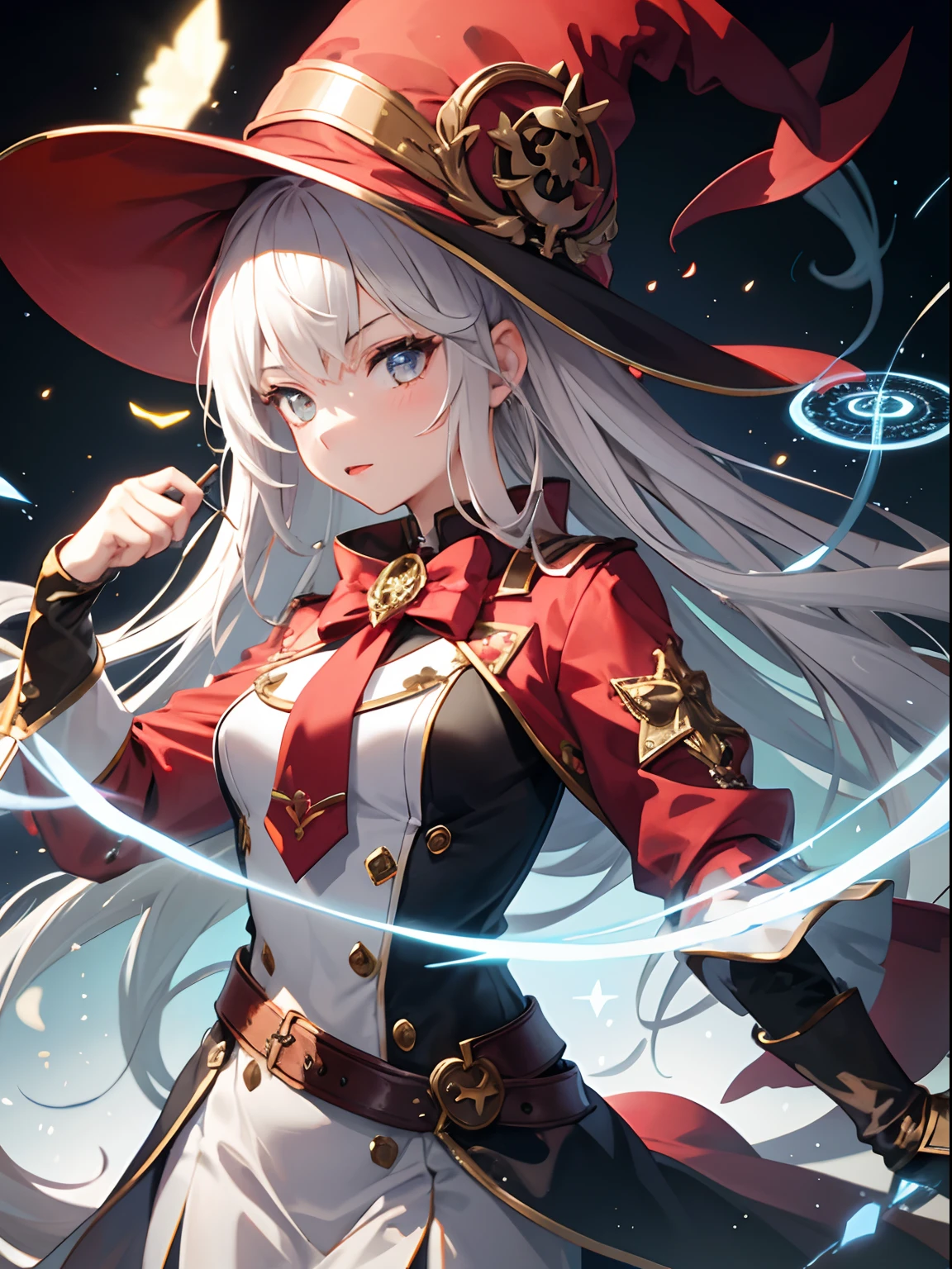 1girl, red pirate hat, magic circles, magic, mystery