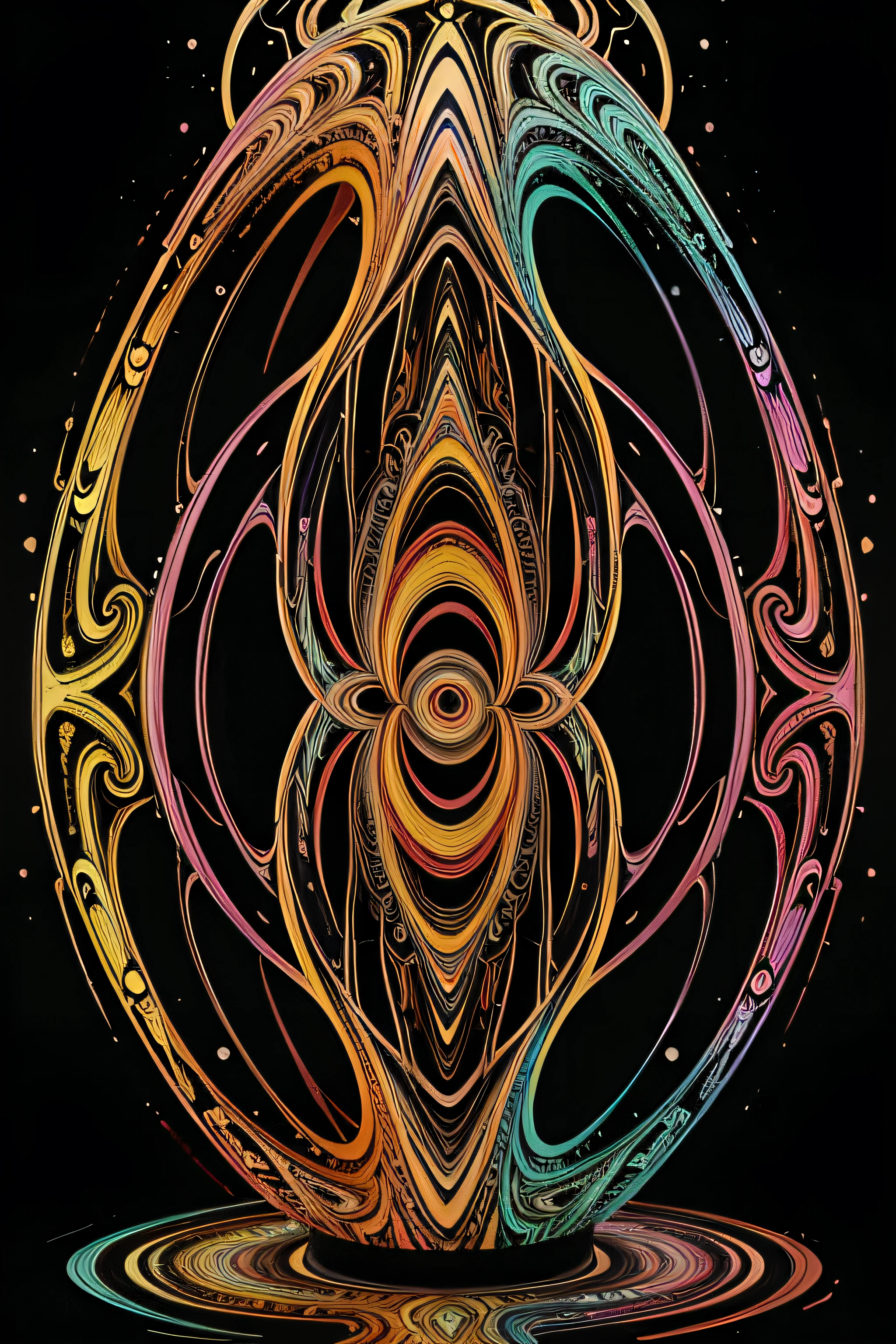 abstract painting of a colorful spiral design with a black and white figure, Bunte Glaskunst, Surreales psychedelisches Design, Illusion psychedelische Kunst, Abstract Liquid Acrylic Art, Chrom-Kunst, Bunte biomorphe Opart, Psychedelische Malerei, Skurril und psychedelisch, psychedelische tropfende Farben, psychedelische surreale Kunst, Digitale Kunst", Digitale Kunst ", Psychedelische digitale Kunst, Abstraktes 3D-Kunstwerk, seltsame Zusammenfassung red gold black