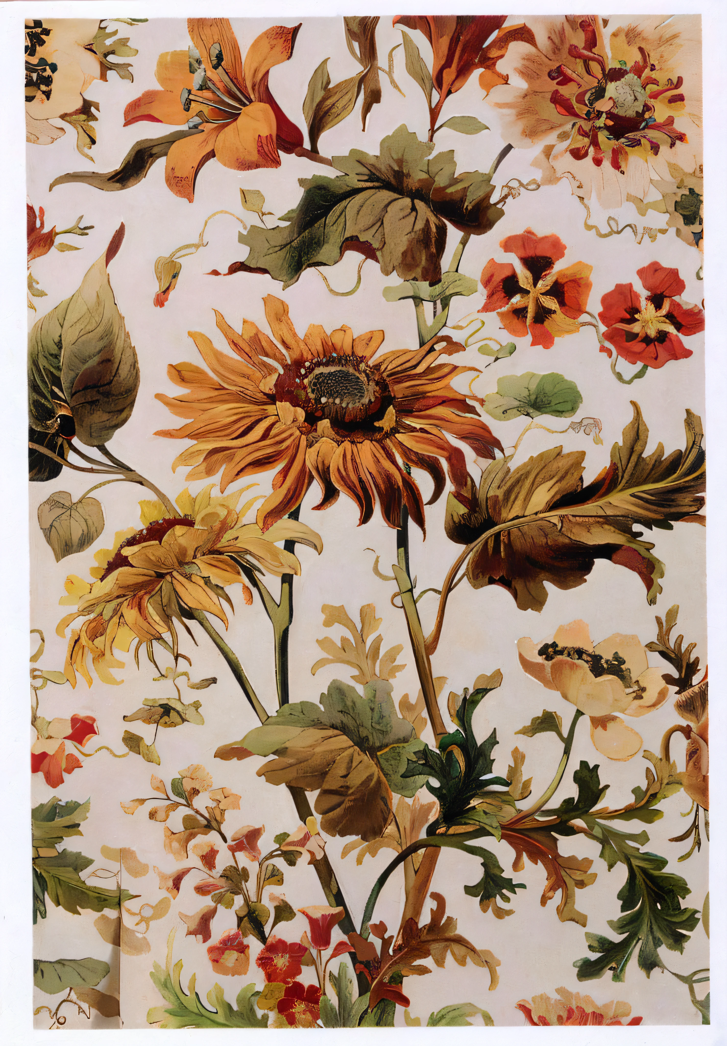 a close up of a floral wallpaper with a sunflower and other flowers, botanical print, inspired by Jan van Huysum, inspired by Balthasar van der Ast, victorian textiles, botanical poster, by Maria Sibylla Merian, inspired by Ambrosius Bosschaert, inspired by Ambrosius Bosschaert II, inspired by Jan van Kessel the Elder