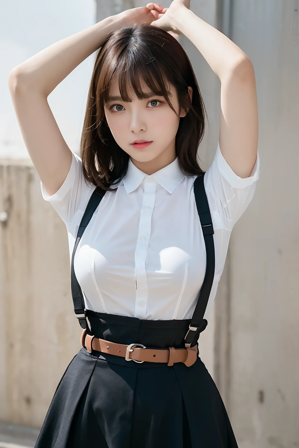 masterpiece、flat-colors、depth of fields、lens flare 1 girl、、Brown hair、watching at viewers black suspenders bulging big breasts Armpit sweat perspiring Side of both hands walls: Black miniskirt garterbelts Gaze Small face Bangs Upper Eyes flank Rat-colored eyes holster a belt