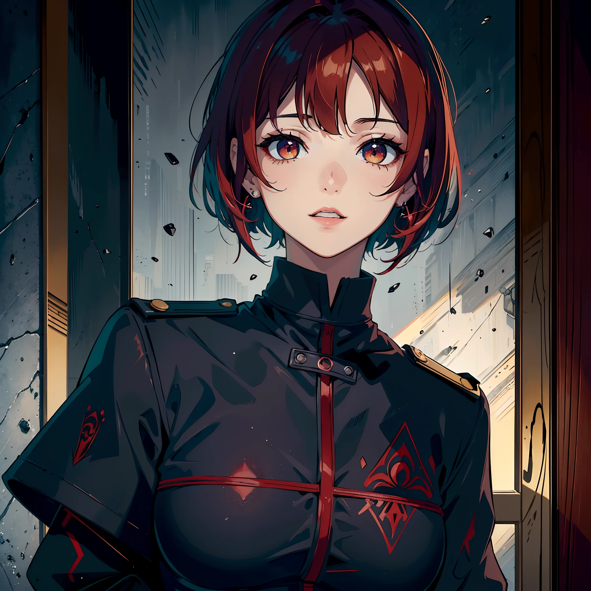 Sentada em uma poltrona luxuosa, at office, leve sorriso, black military uniform, bebendo vinho, Anime, Red iris, Red eyes, red hair, short hair, alone, belos olhos detalhados, pele oleosa, ahoge, pele fina, Seios grandes :1.1, Oppein, belos olhos detalhados, melhor qualidade, ultra-detalhado, costeletas longas:1.4, ultra HD 4K, rosto extremamente detalhado,