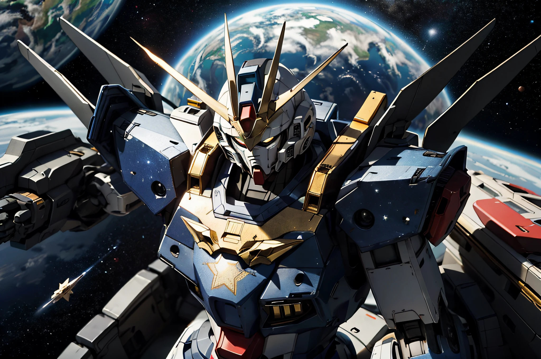 Mobile Suit Gundam with an all-black body、Gold trim on body、Fly in outer space。Earth with stars on background、