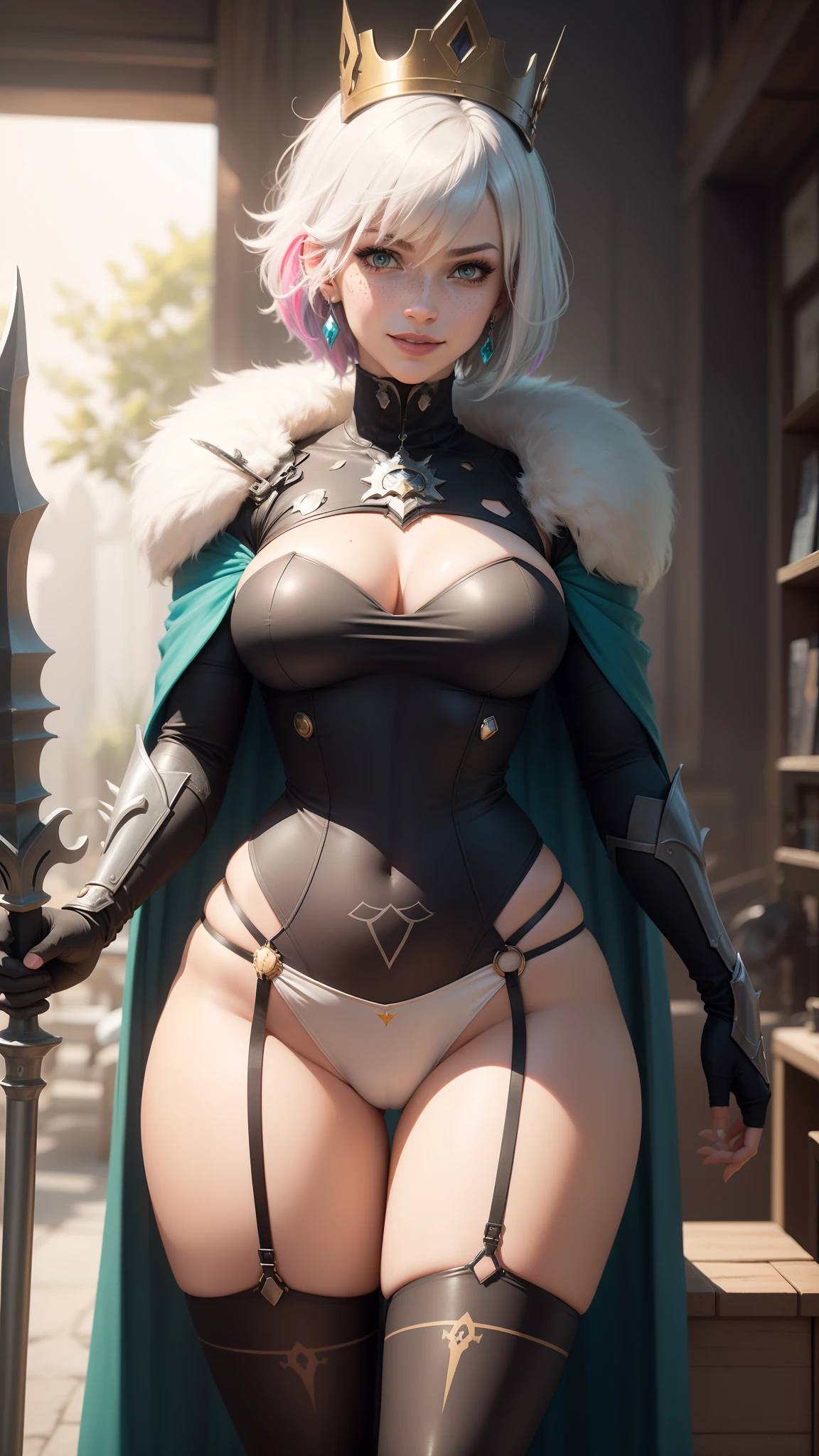 gwen tennyson,y'shtola rhul,yorha 2b, tracer,nier automata,overwatch,close up,mecha pilot,throne room, tattoos,blue and yellow plugsuit,white short sleeve lycra leotard,steel lycra micro shorts,white garter belt,uncovered belly,short hair,punk makeup,green eyes,multicolored silver hair,sexy smile,freckles,beautiful girl,large breasts,8k,ultra detailed,realistic,fantasy art,fur armor,steel armor,queen gown dress,queen cape,ear piercings,hair pin,saiyan girl,saiyan female,queen crown,queen banner,queen scepter,