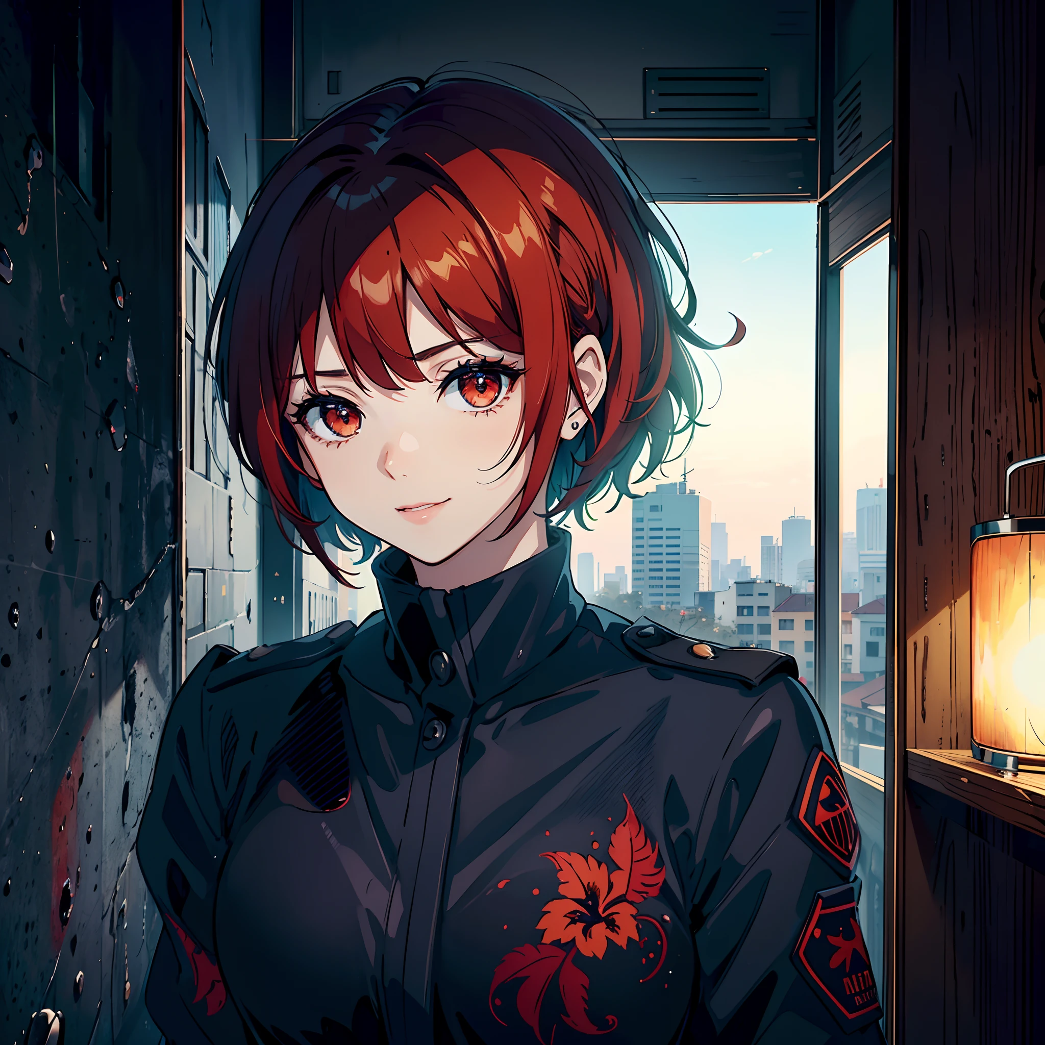 Sentada em uma poltrona luxuosa, at office, leve sorriso, black military uniform, bebendo vinho, Anime, Red iris, Red eyes, red hair, short hair, alone, belos olhos detalhados, pele oleosa, ahoge, pele fina, Seios grandes :1.1, Oppein, belos olhos detalhados, melhor qualidade, ultra-detalhado, costeletas longas:1.4, ultra HD 4K, rosto extremamente detalhado,