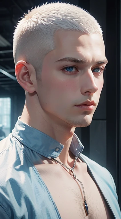 very handsome man portrait white buzzcut hair, strong jawline, light blue eyes, thick neck, big lips, very attractive