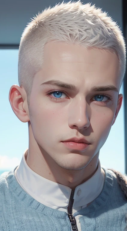 very handsome man portrait white buzzcut hair, strong jawline, light blue eyes, thick neck, big lips, very attractive