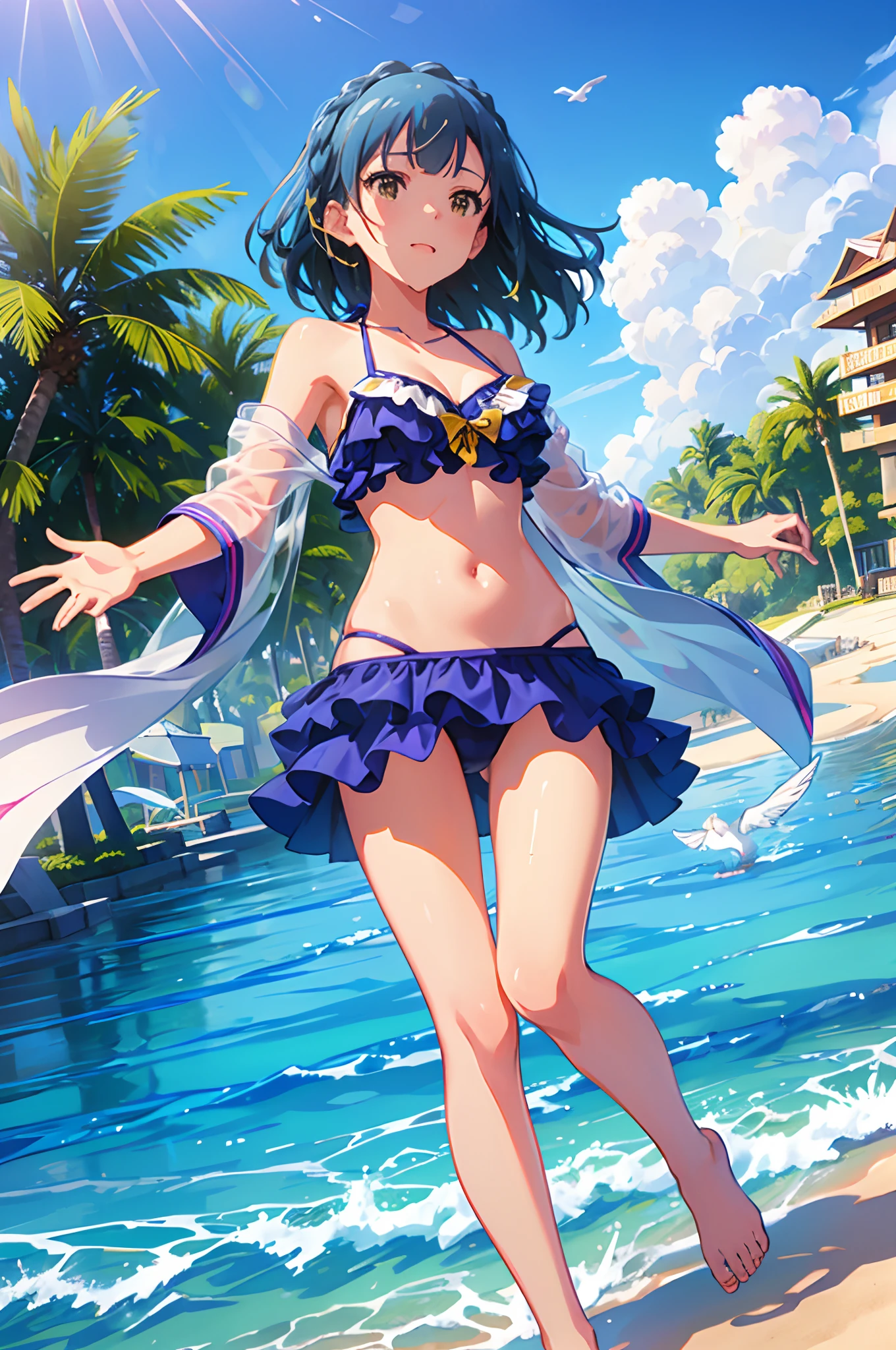 yuriko nanao (million live), 1 girl, Solo, Cute Girl, Best Quality, Ultra-detailed, 8K, High resolution, Detailed face, shiny skin, (from below, cinematic angle), Bob Hair, light Smile, embarrassed, (((bikini, wet skin, wet hair))), (((outdoor, shining sky, sunshine, Summer, Beach, Resort, palm tree, flying seagull,)))