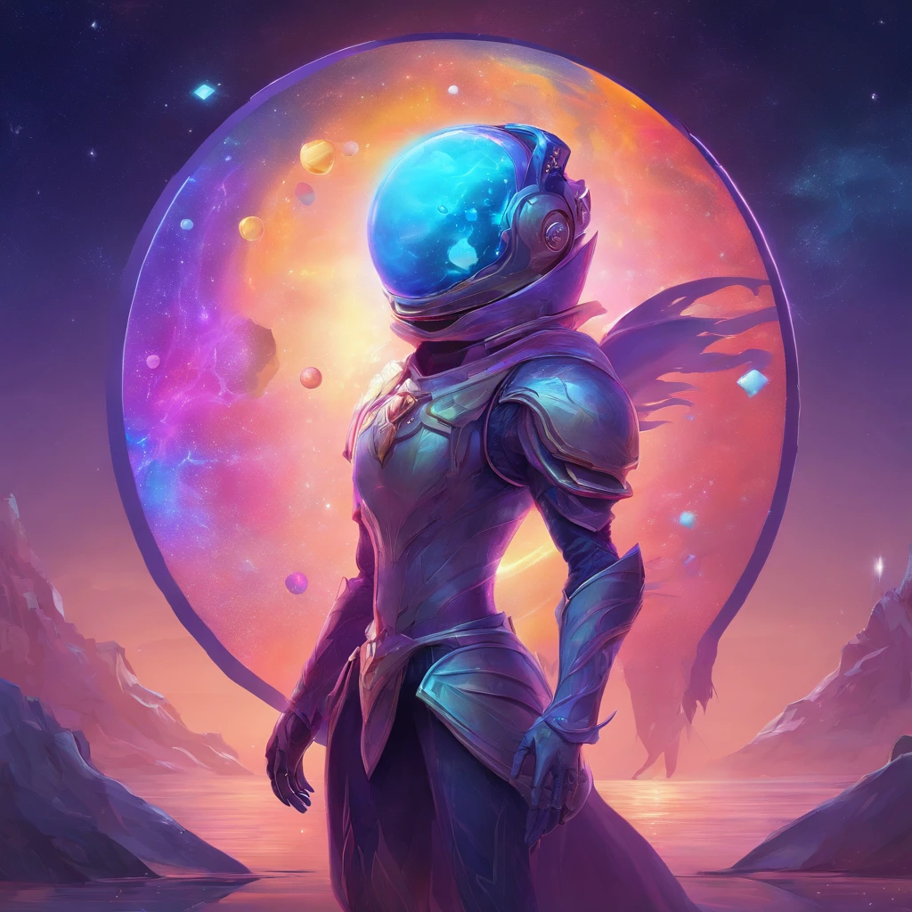 Irridescent color、Colorful male pop mascot characters，Round and cute space robot, Farbe ornamented、Colorful backgrounds，Fantasy，intricate-detail {brightened，K HD，32k constellations