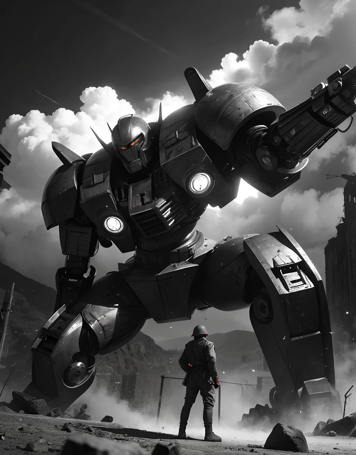 giant robots fight against people in world war two, black and white photo, realism.