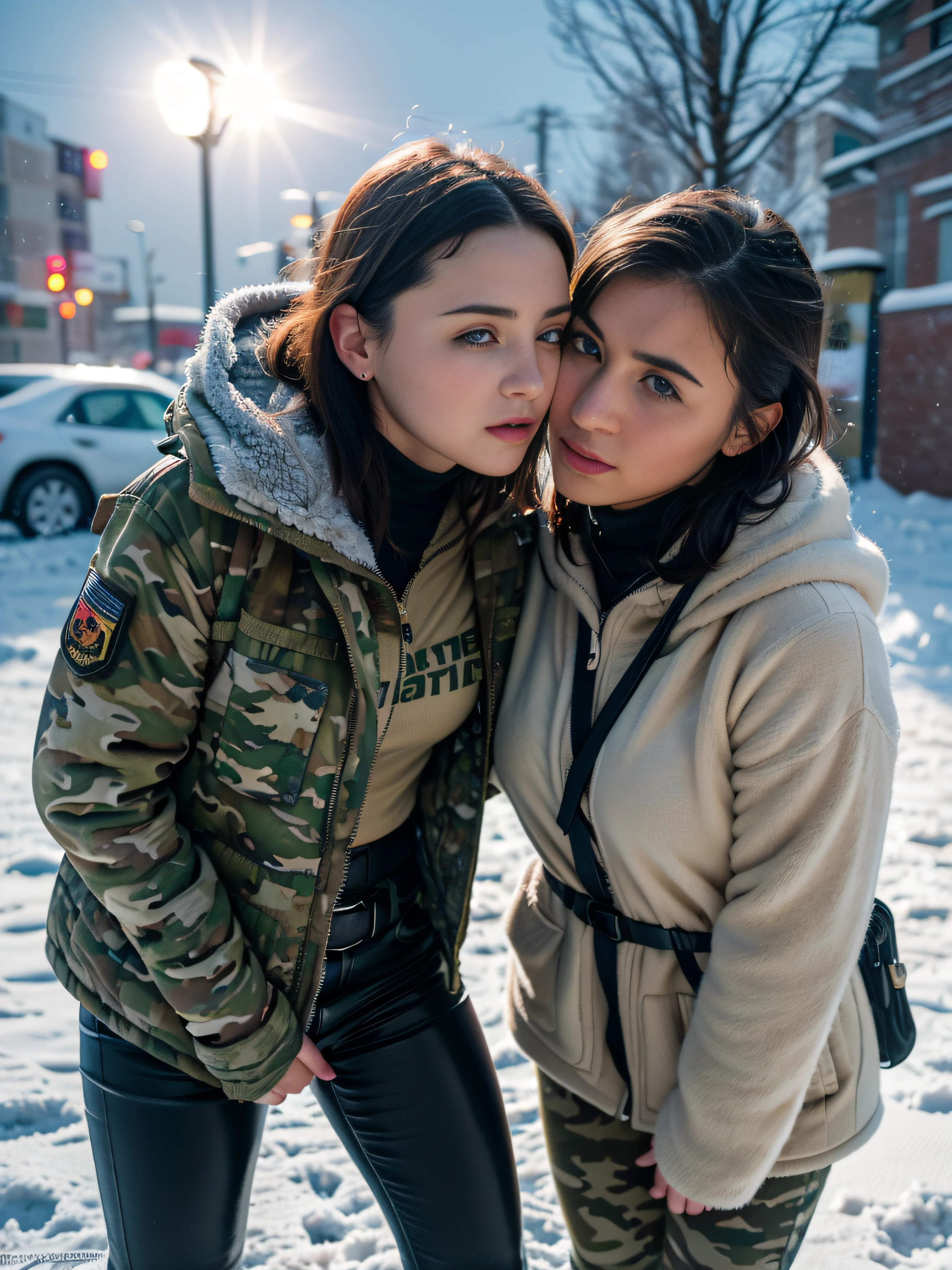 (Photorealistic), Beautiful lighting, Best Quality, Realistic, Full body portrait, real picture, Intricate details, depth of fields, 2 lesbians women kissing , women are desperate to pee, pee pants. In a cold blizzard, Very muscular soldier girl with a haircut, Fatigue of the army wearing winter camouflage uniform, Camouflage Plate Carrier Rig, Combat gloves, (Magazine Pouch), (Kneepads), highly detailed, Perfect face, Blue eyes, Lips, wide hips, Small waist, tall, make up, Tactic, FUJI XT3, Outdoors, bright day, Beautiful lighting, Raw photo, 8K UHD, Film grain, ((Bokeh))