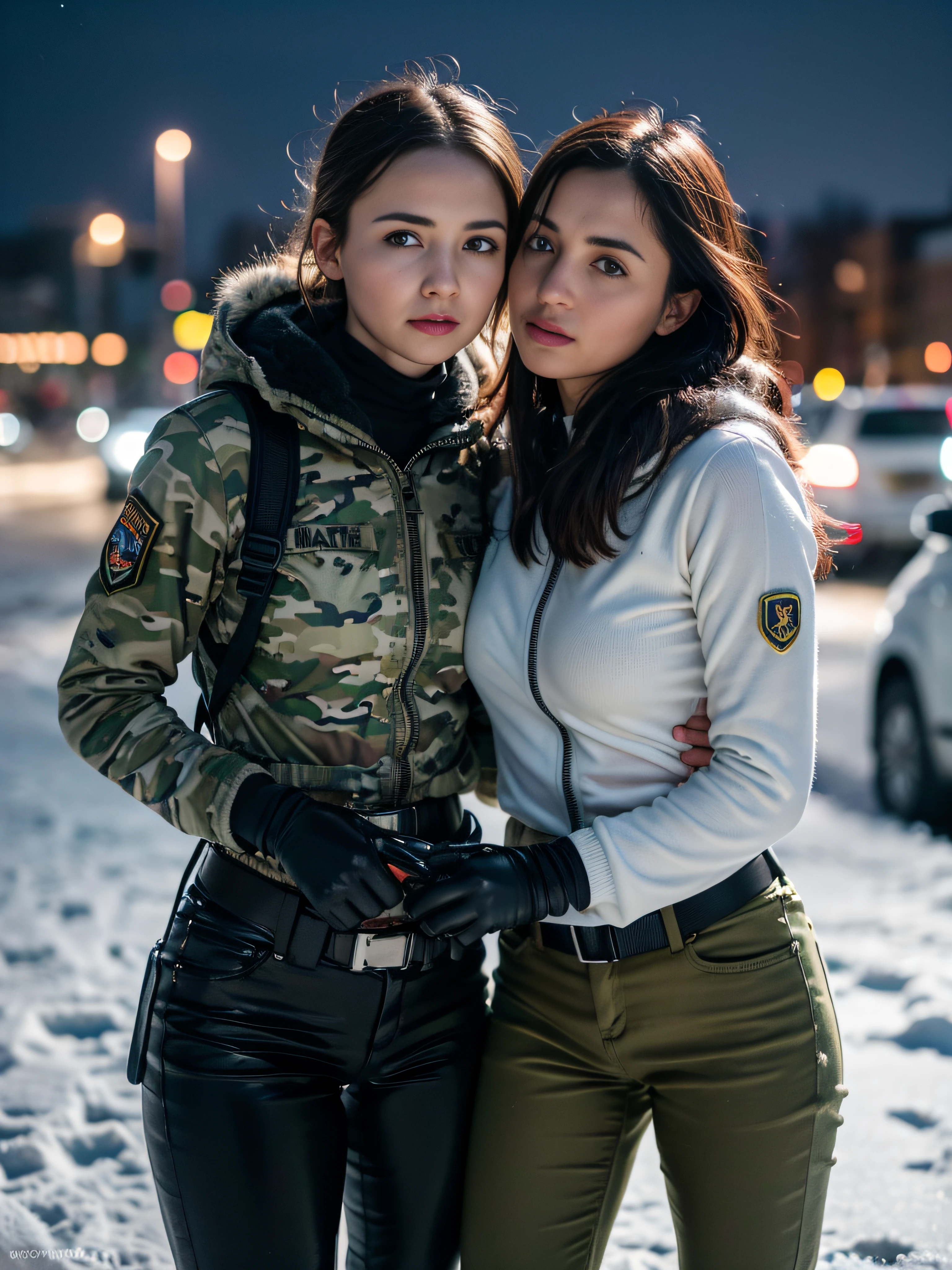 (Photorealistic), Beautiful lighting, Best Quality, Realistic, Full body portrait, real picture, Intricate details, depth of fields, 3 lesbians women kissing , women are desperate to pee, pee pants. In a cold blizzard, Very muscular soldier girl with a haircut, Fatigue of the army wearing winter camouflage, Camouflage Plate Carrier Rig, Combat gloves, (Magazine Pouch), (Kneepads), ighly detailed, Perfect face, Blue eyes, Lips, wide hips, Small waist, tall, make up, Tactic, FUJI XT3, Outdoors, bright day, Beautiful lighting, Raw photo, 8K UHD, Film grain, ((Bokeh))