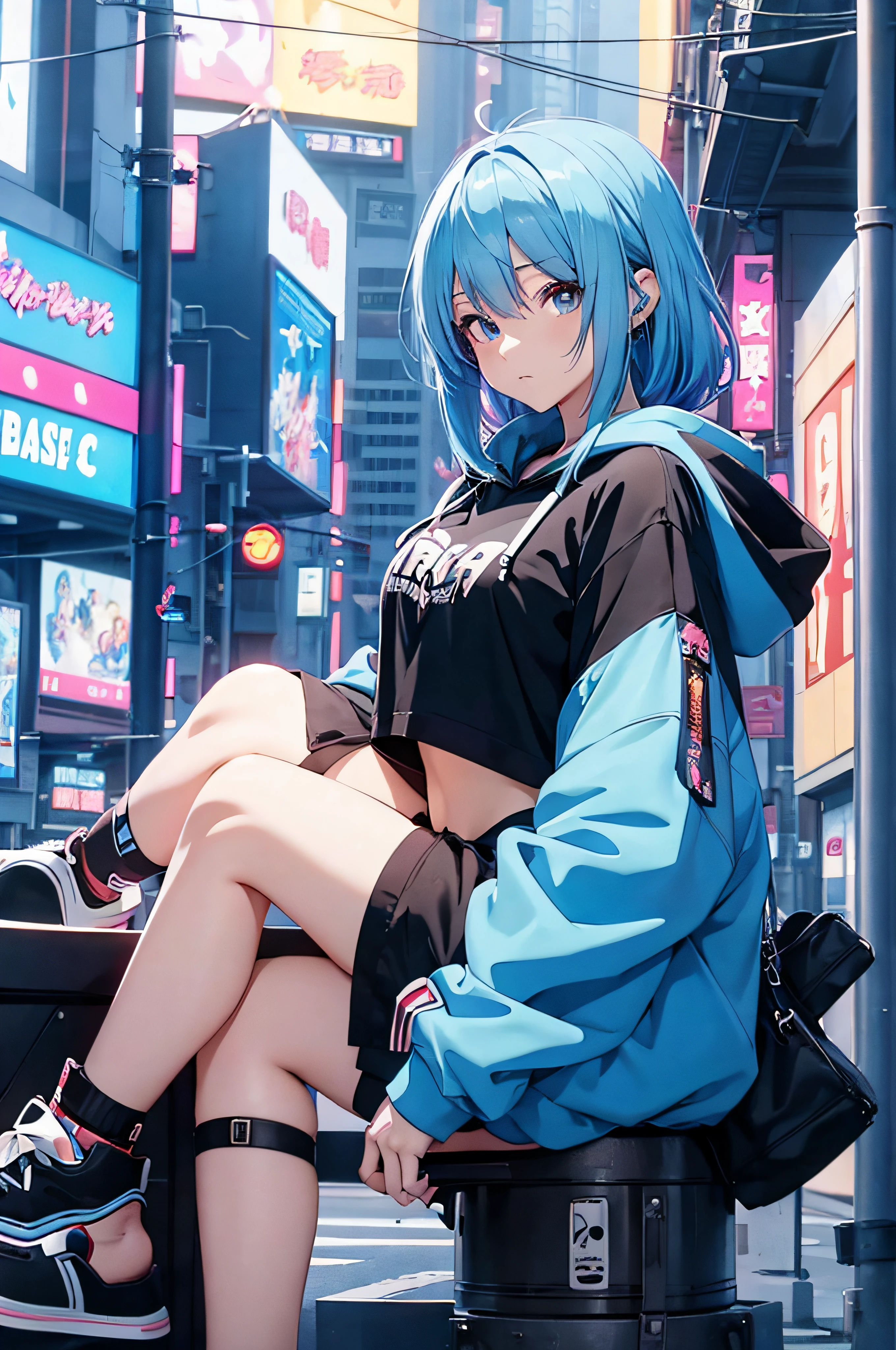 anime girl with blue hair and a black top in a city, anime moe artstyle, 2 d anime style, flat anime style, anime style 4 k, retro anime girl, anime artstyle, cyberpunk anime girl in hoodie, anime style. 8k, anime art style, digital anime art!!, 2d game fanart, digital anime illustratio