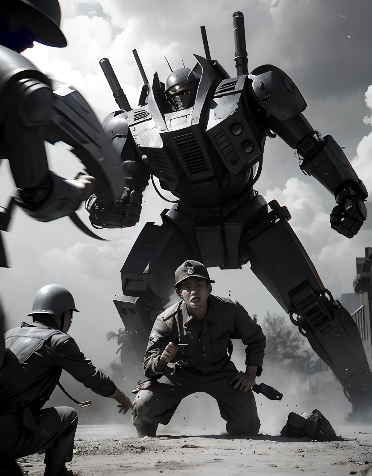 giant robots fight against people in world war two, black and white photo, realism.