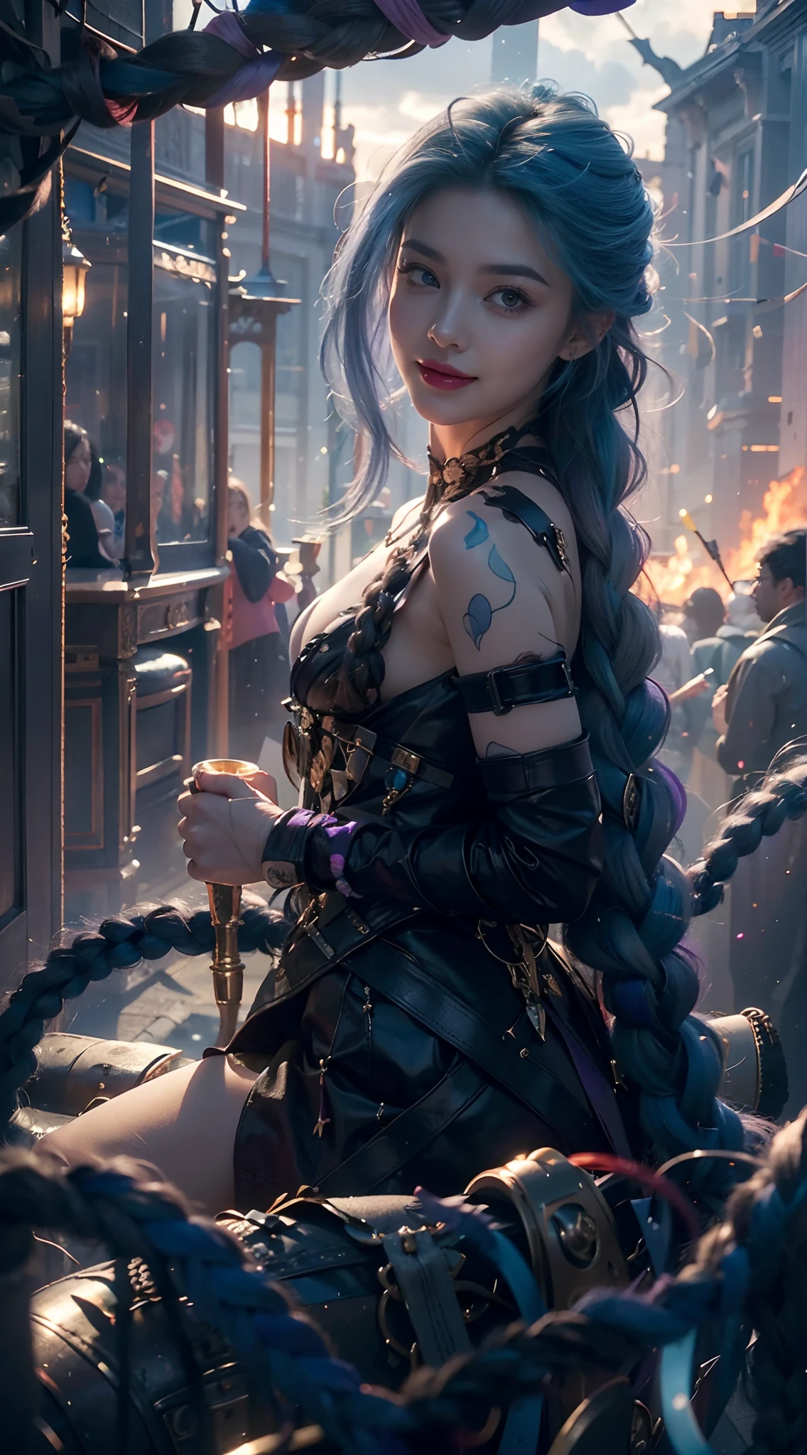 (Numerous award-winning masterpieces, with incredible details), ((Extremely beautifull face)), (extremely detailed realistic face features), (beutiful eyes), ((finely detailed true circle Symmetrical grey purple eyes)), (She has a demonic face), (A majestic sight), very long blue colored braided hair, devil's big smile, bad girl look in her face, big purple pupils, blue hair, red lips, a smile, pastel blue colored hair, big brests