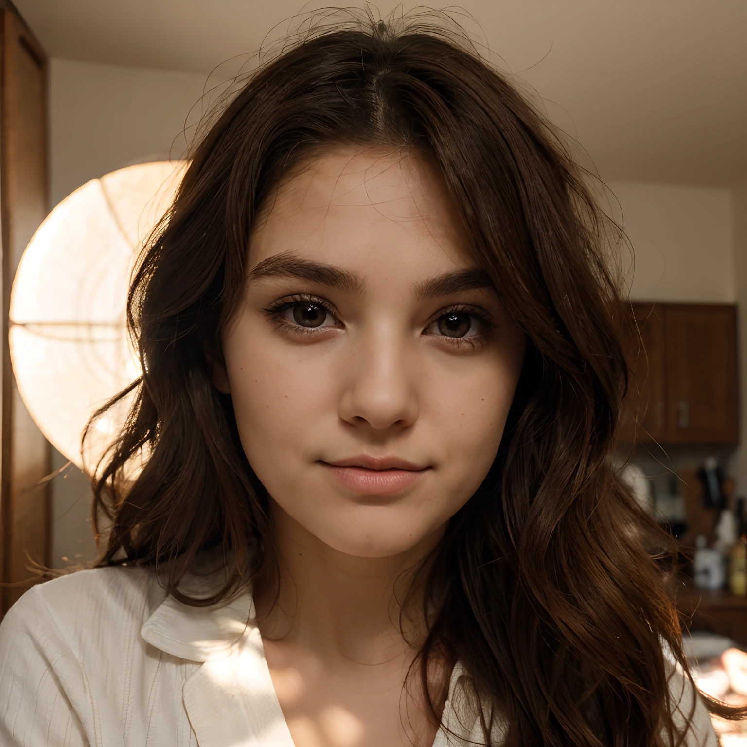 Round face, not too small round nose, slightly large brown eyes, large light brown wavy hair
