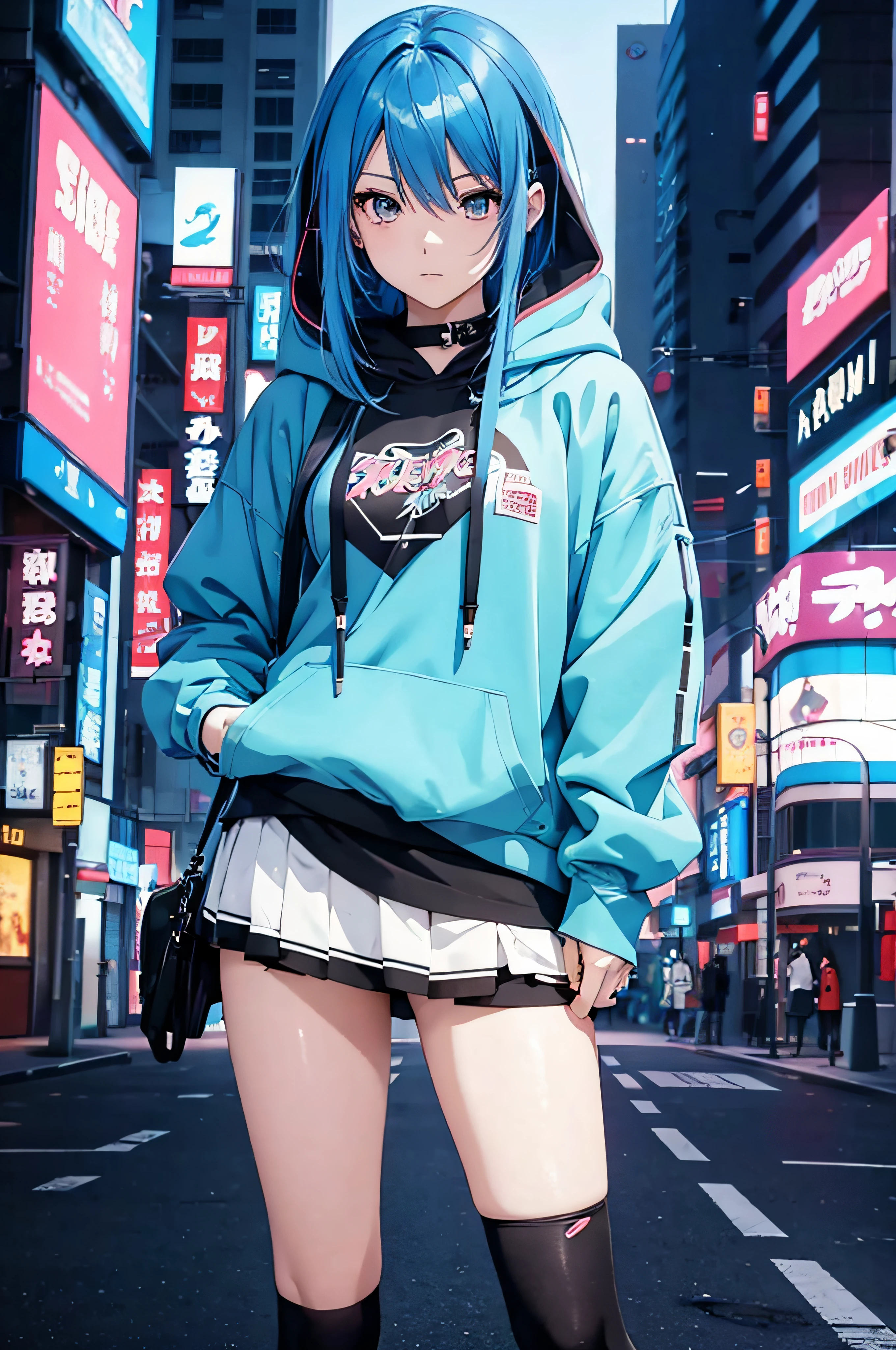 anime girl with blue hair and a black top in a city, anime moe artstyle, 2 d anime style, flat anime style, anime style 4 k, retro anime girl, anime artstyle, cyberpunk anime girl in hoodie, anime style. 8k, anime art style, digital anime art!!, 2d game fanart, digital anime illustratio