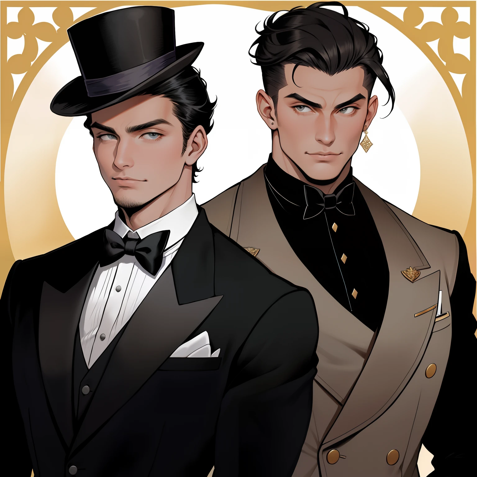 homem macho,penteado social,cabelo curto,cabelo castanho,""short hair"",homem elegante,homem sexy,manly,Manly man,toupa social,terno,terno marrom,homem com cartola,""man with topper"",Black top hat on head,""bealtiful jawline"",queixo elegante,olhos aziuz,sobrancelhas cheias,terno,roupa social,muito elegante ""extreme short hair"",""bow tie"",Black top hat on head,""top head""