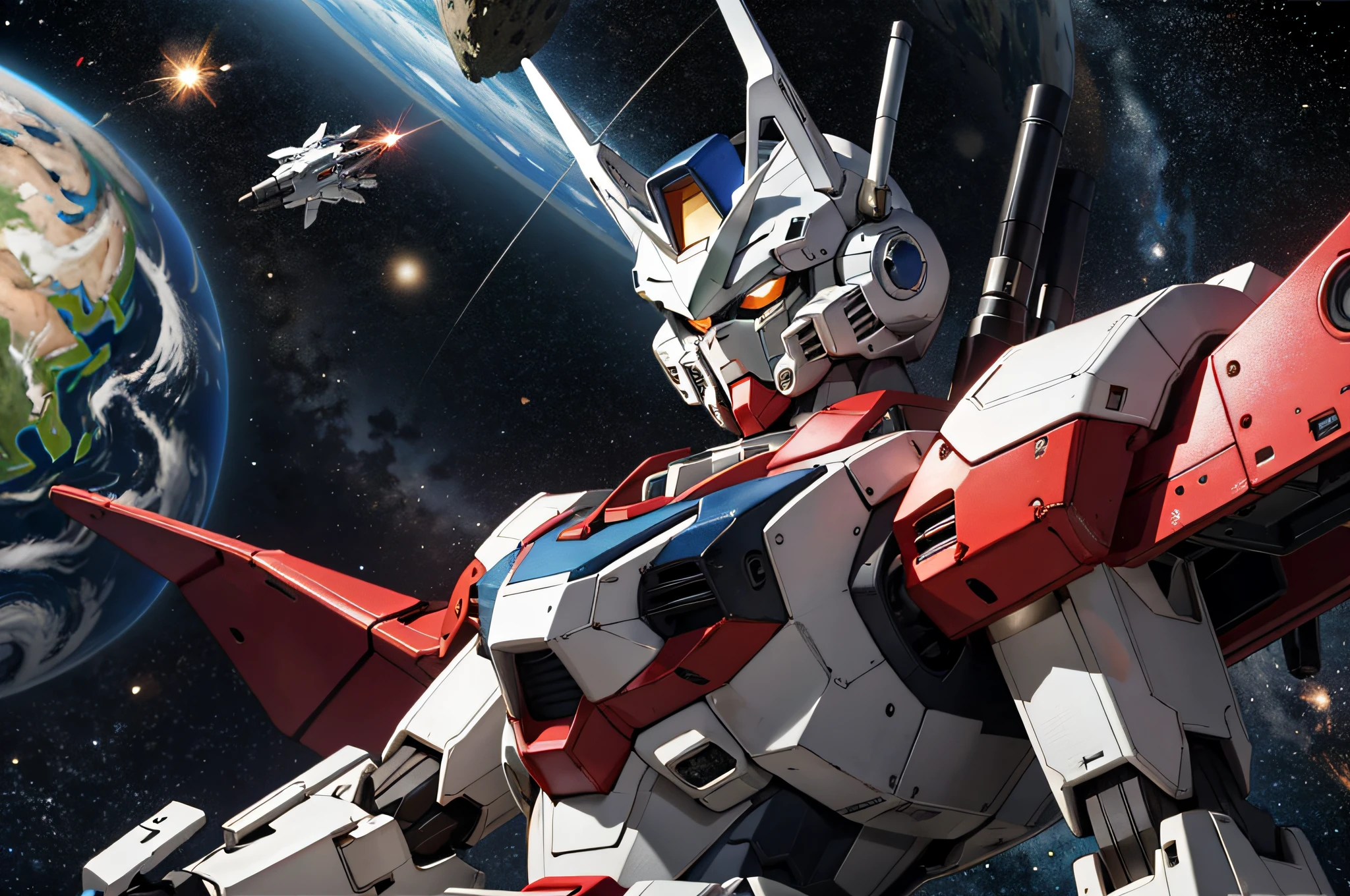 Mobile Suit Gundam with an all-silver metallic body、Red trim on the body、Fly in outer space。Earth with stars on background、