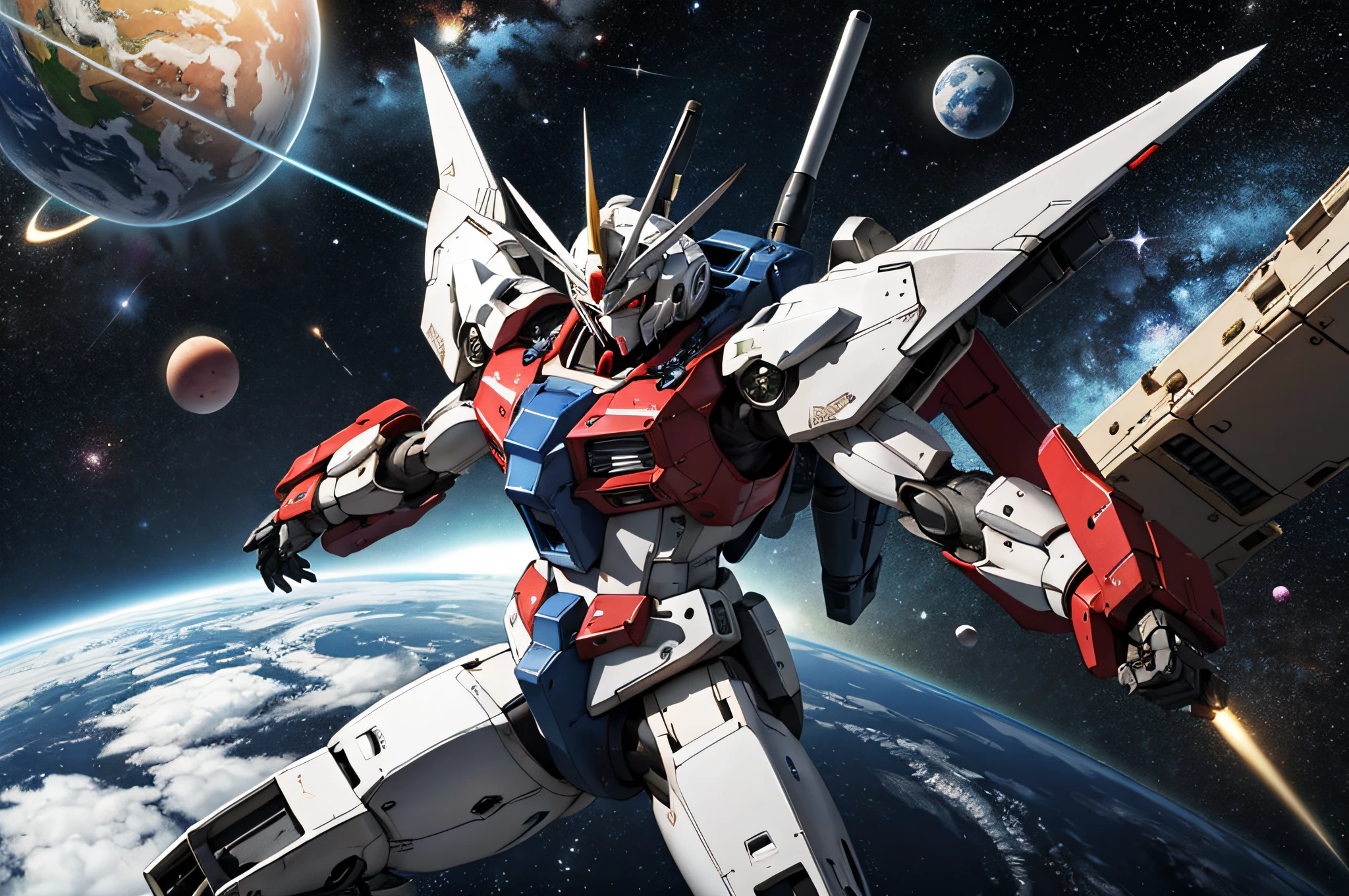 Mobile Suit Gundam with an all-silver metallic body、Red trim on the body、Fly in outer space。Earth with stars on background、