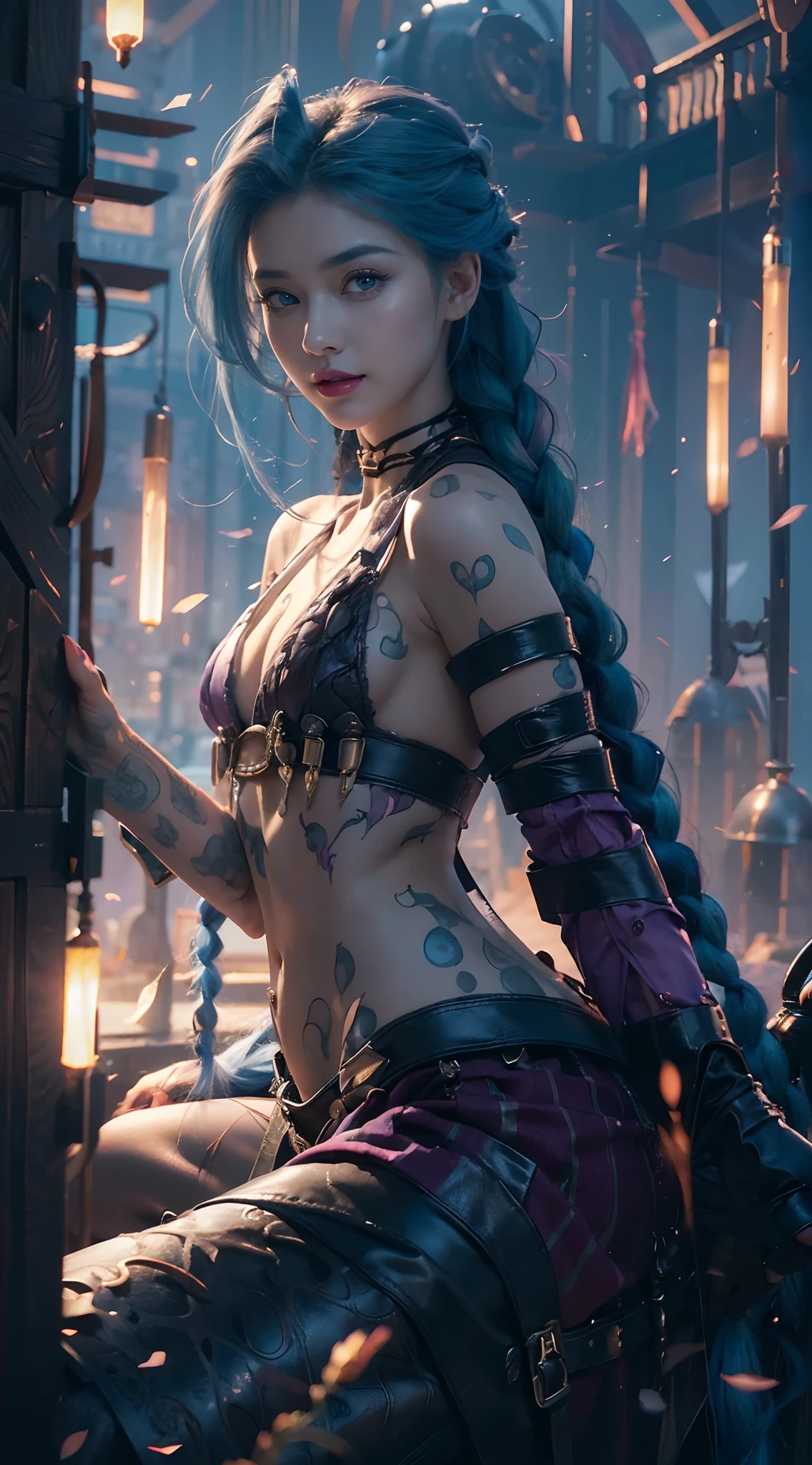 (Numerous award-winning masterpieces, with incredible details), ((Extremely beautifull face)), (extremely detailed realistic face features), (beutiful eyes), ((finely detailed true circle Symmetrical grey purple eyes)), (She has a demonic face), (A majestic sight), very long blue colored braided hair, devil's big smile, bad girl look in her face, big purple pupils, blue hair, red lips, a smile, pastel blue colored hair, big brests