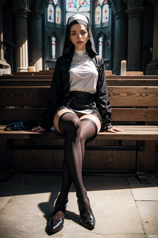 (eine nahaufnahme eines), A tall nun sits on a bench in the church, Ein gut durchdachtes Modell, ((with white hair)), with green eyes, Subtle Subtle Body, schlanke Beine, Camera under your feet, unterer Schuss, Upskirt (Kleider), ((Schwarze Soutane:1,5)), ((black legwear)), (Blick in die Kamera), Kunstwerk im Stil von Guweiz, nun outfit, fotorealistische, gloomy concept art, Alena Aenami und Artgerm, nun, Das Beste von ArtStation, Deviantart ArtStation CGSCOSIETY, Guweiz, ((Gloomy coloring:1,5)). (NSFW))breitbeinig, No panty,very wide-open clothing, Knackige Brust,knackiger Hintern,verschiedene erotische Stellungen