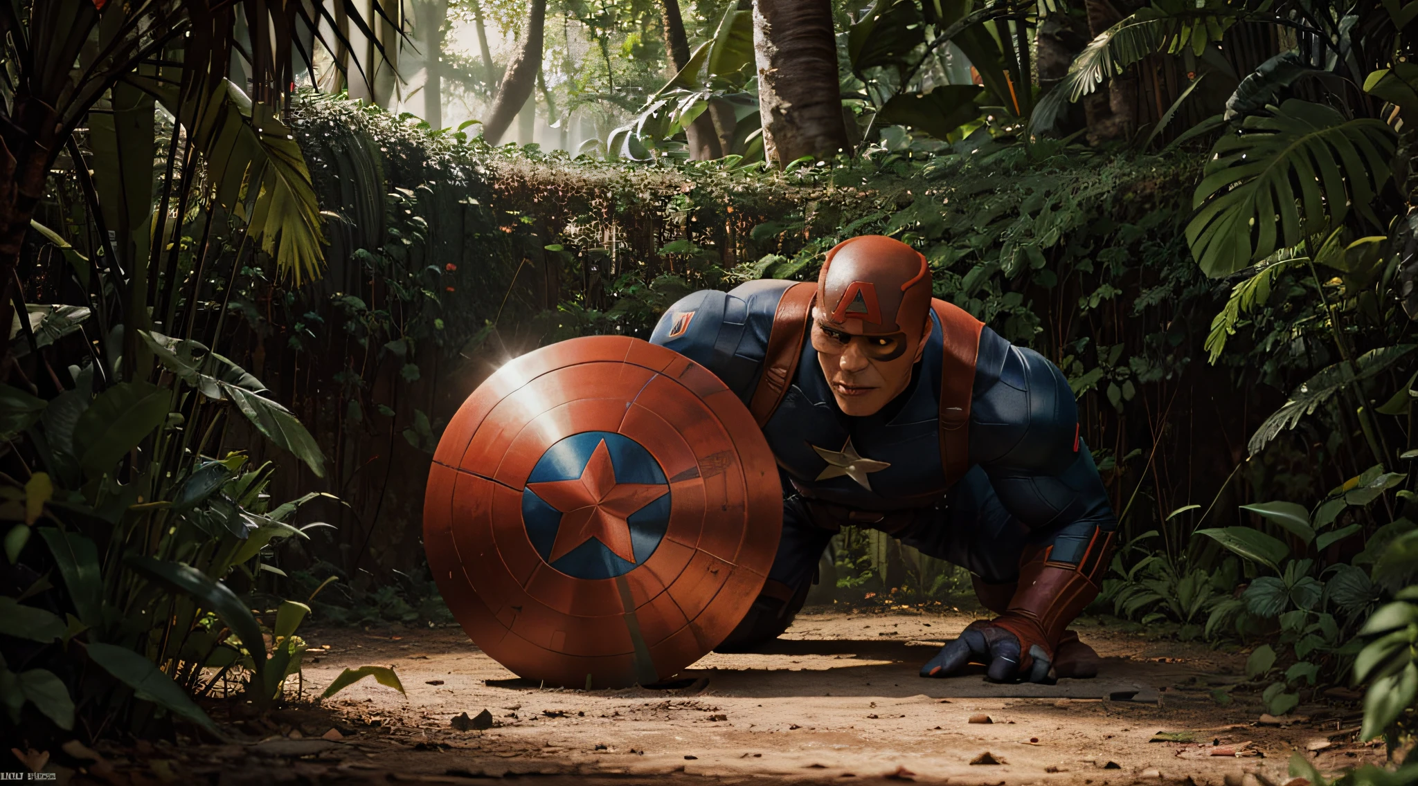 "Captain America in profile fighting the villain Red Skull in the jungle". showing a base with hydra soldiers, by Syd Mead, cool tangerine color palette, realistic image, soft, detailed colors, 8k