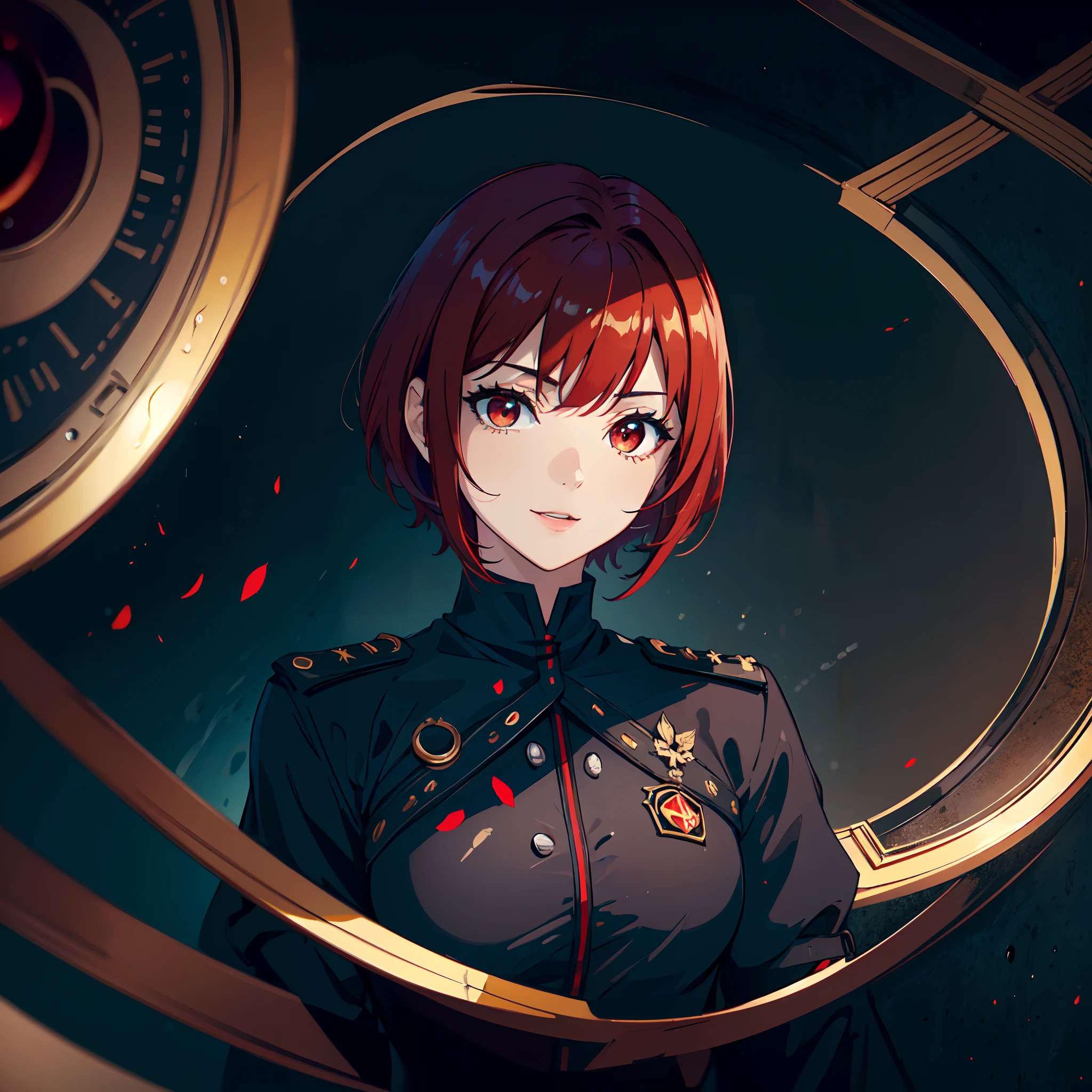 Sentada em uma poltrona luxuosa, at office, leve sorriso, black military uniform with red details, glass of wine, Anime, Red iris, Red eyes, red hair, short hair, alone, belos olhos detalhados, pele oleosa, ahoge, pele fina, Seios grandes :1.1, Oppein, belos olhos detalhados, melhor qualidade, ultra-detalhado, costeletas longas:1.4, ultra HD 4K,