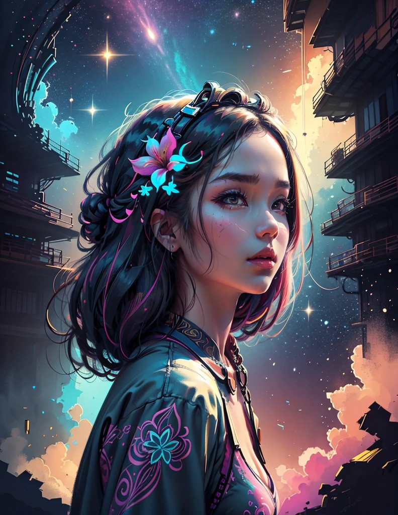 Girl standing in the clouds staring up as the stars, stars floating around her, brilliant colors, amazing swirls of cosmic dust, colorful vibrant, light particles, Create digital artwork in the Pop Art style, Featuring a vibrant and confident young Asian girl，street fashion (breast), Movie color scheme, Surrounded by vintage flower motifs, Vibrant brushstrokes, Emotions should be dynamic, Upper body, Drawing, illustration, tropical, Many flowers,