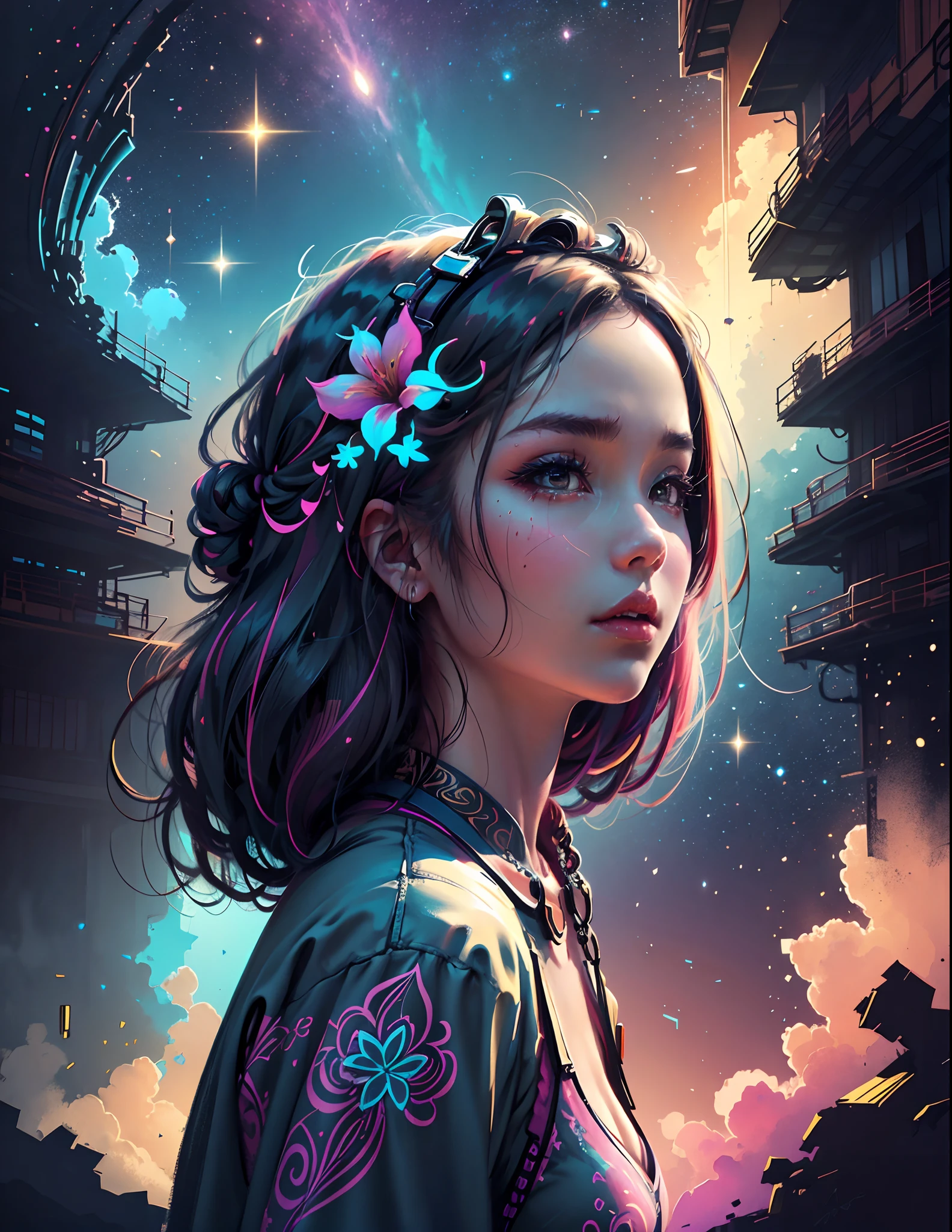 Girl standing in the clouds staring up as the stars, stars floating around her, brilliant colors, amazing swirls of cosmic dust, colorful vibrant, light particles, Create digital artwork in the Pop Art style, Featuring a vibrant and confident young Asian girl，street fashion (breast), Movie color scheme, Surrounded by vintage flower motifs, Vibrant brushstrokes, Emotions should be dynamic, Upper body, Drawing, illustration, tropical, Many flowers,