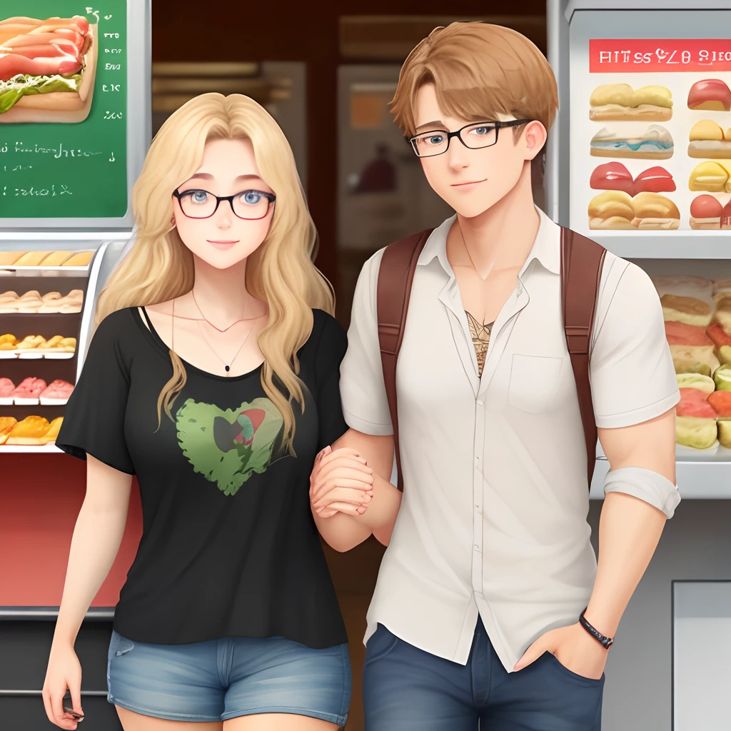 Blonde with blue eyes and glasses, baixinha, 100 kilos caucasian holding hands with black boyfriend in front of a hot dog stand