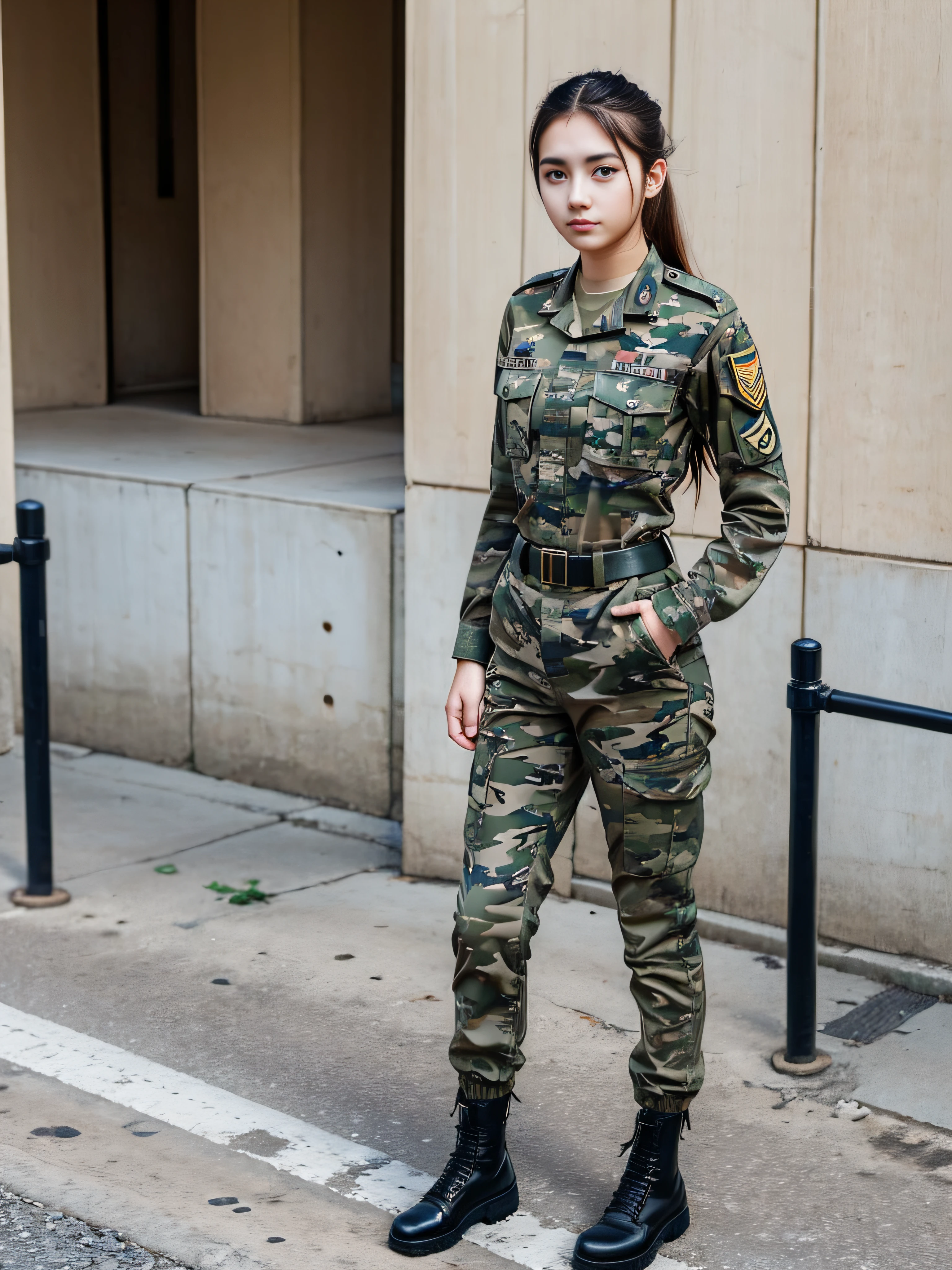 military idol、whole body、good style、、、、Camouflage pattern military lolita fashion、battlefield