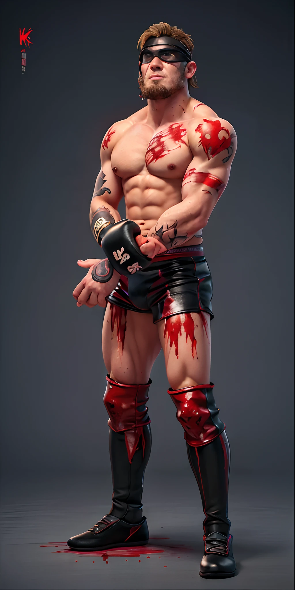 Tattoos all over the body、Kicking、Kickboxing、kook、Muscle prominence々、8K、Top image quality、Vicious men、Wrestlers、villainess、cruel、and draw the full body、Beast paws、sharp eye、Bloody、Liquid constantly flows from the hands、Bloody、Bloody、Blood splatters、Wearing an eye patch