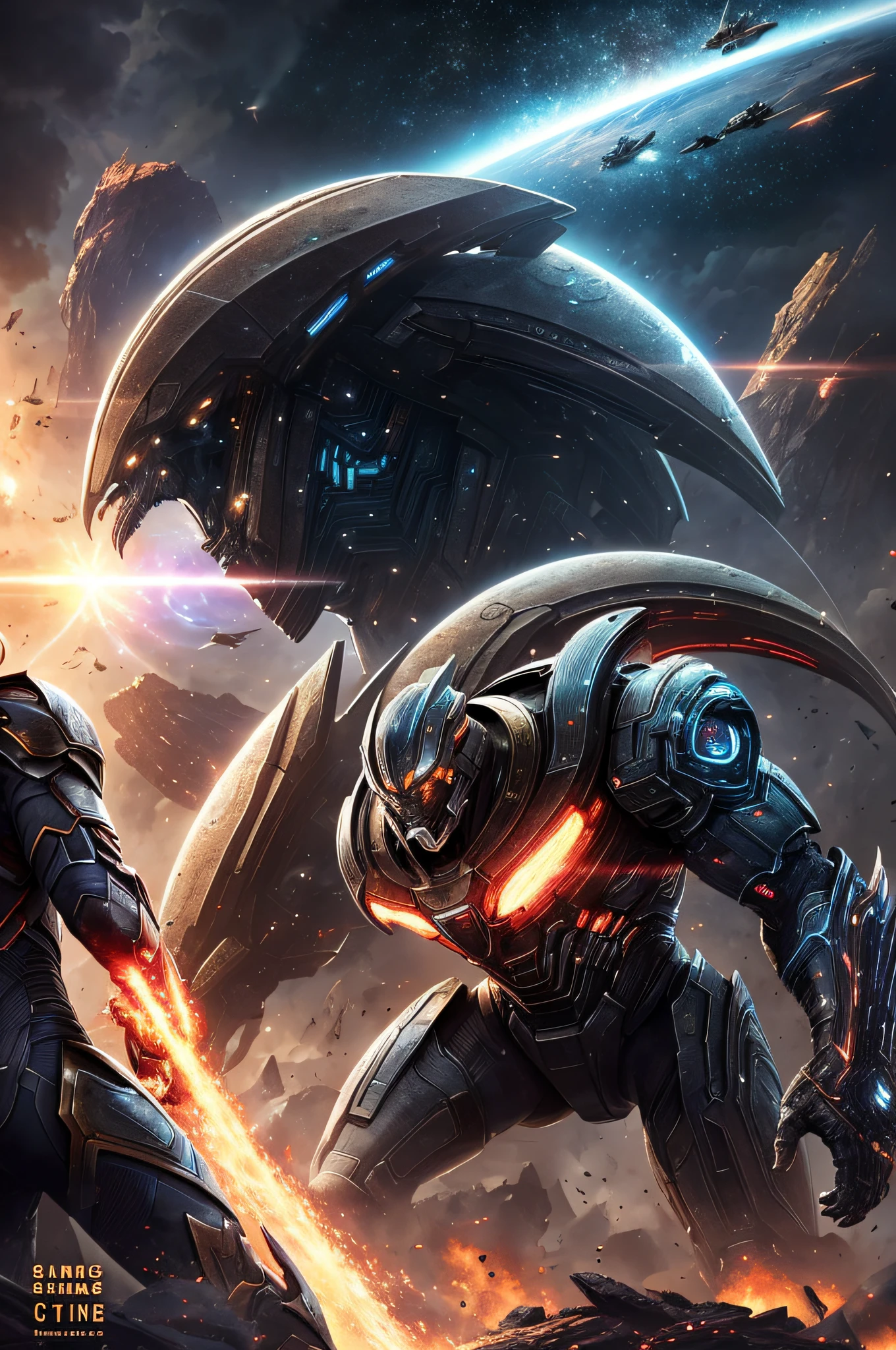 A fantastical depiction of the fight between prometheus and AI-controlled cyber titans, it's gorgeous, detailed, and textured. You can see the galaxy in the distance. Explosions are also visible