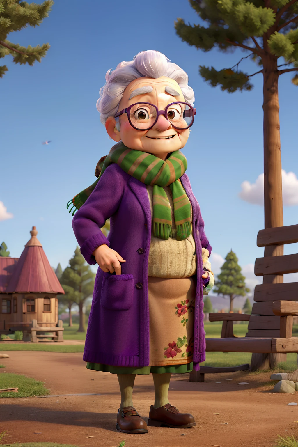 masterpiece, best quality, an old woman with glasses and a scarf on, wearing a purple coat and green scarf, standing at the park