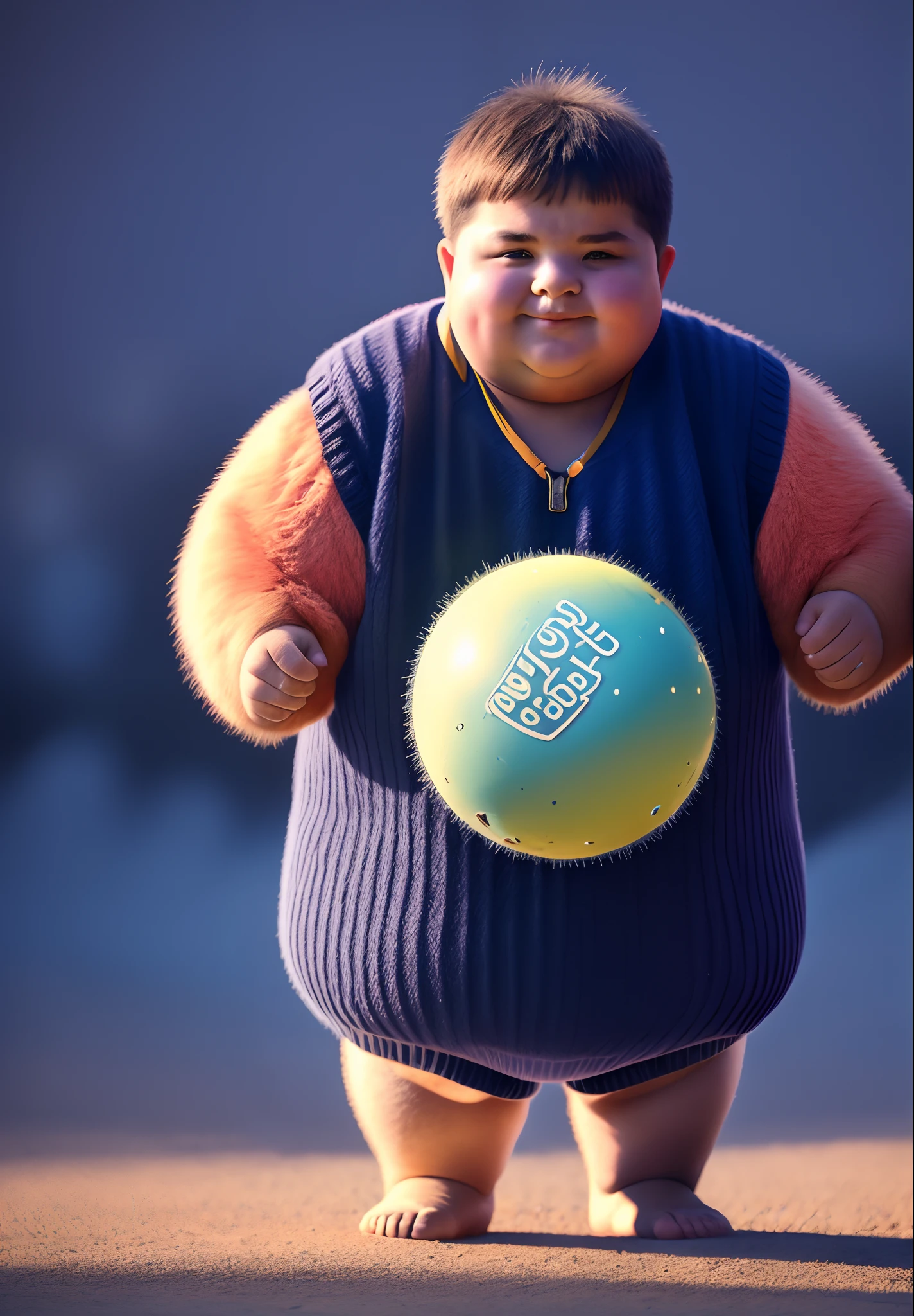 young chubby man with blue skin, blue face and body wearing dark blue tracksuit and black nike flip flops slides standing with hands holding his big round sphere hairy ball belly looking worried looking down at his belly with puffed up cheeks and big thighs