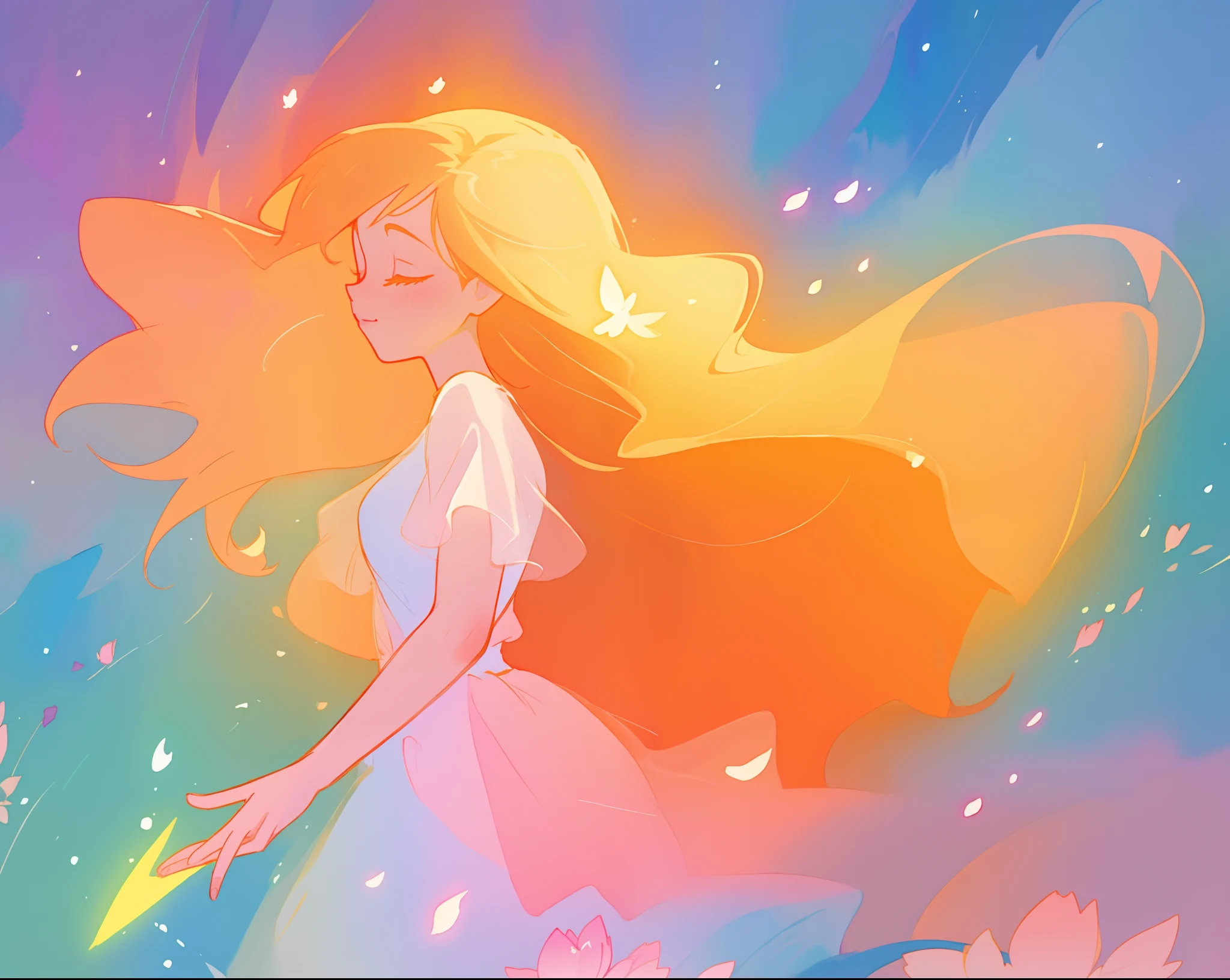 beautiful girl in flowing multi-layered dress, fairy dress, long golden hair, watercolor illustration, inspired by Glen Keane, inspired by Lois van Baarle, disney art style, by Lois van Baarle, glowing aura around her, by Glen Keane, jen bartel, glowing lights! digital painting, flowing glowing hair, glowing flowing hair, beautiful digital illustration, fantasia otherworldly landscape plants flowers, beautiful, masterpiece, best quality, anime disney style