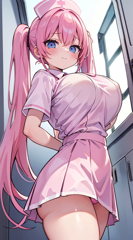 masterpiece、top-quality、ultra-detailliert)、((1 girl))、((Pink hair twin tails))、light blue eyes、evilsmile、piercings、((very Bigger breasts))、((nurse uniform))、((a miniskirt))、((pink panties))、Taken from below、hospital room background