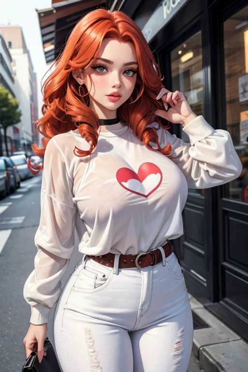 1girl in street wear clothes , in the street, Wear White Jeans and White Top, Have Heart pattern all Other Clothes ,Heart prints , White Skin ,(Best quality:1.1), (Masterpiece:1.4), 1fille, (cheveux volumineux)+ , ((curly hair))++, cheveux longs, ++, (((cheveux roux ))), (golden eyes), Long Hair,, Gros Seins, BIG BOOBS , Red Hair , (big lips)+ pouty lips , ,StreetWear , peau brillante, Brillant, starry night, dans une chambre,, Fioritures,
