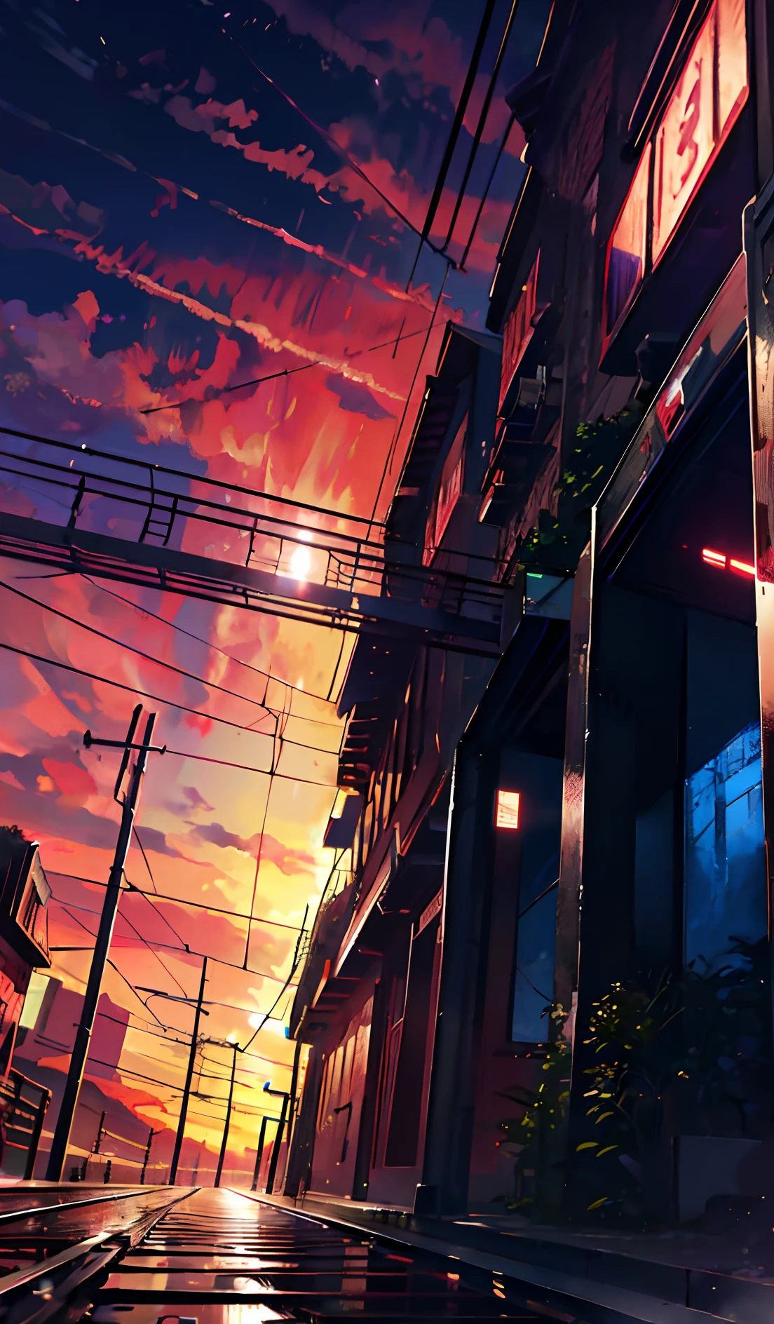 Anime train crossing track in sky background, beautiful and harmonious scene, exquisite animation, rich details (width is 672), high quality, clarity 4k, artistic 4k wallpaper, stunning anime landscape, 8k art wallpaper.